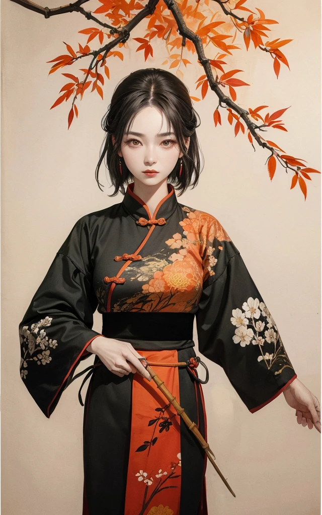shukezouma, shuimobysim, ((starling)), willow branches, (masterpiece, best quality: 1.2), ((Traditional Chinese ink painting)), model style, bamboo branches, bamboo, wuchangshuo, red, orange, black, fire, starling, bird