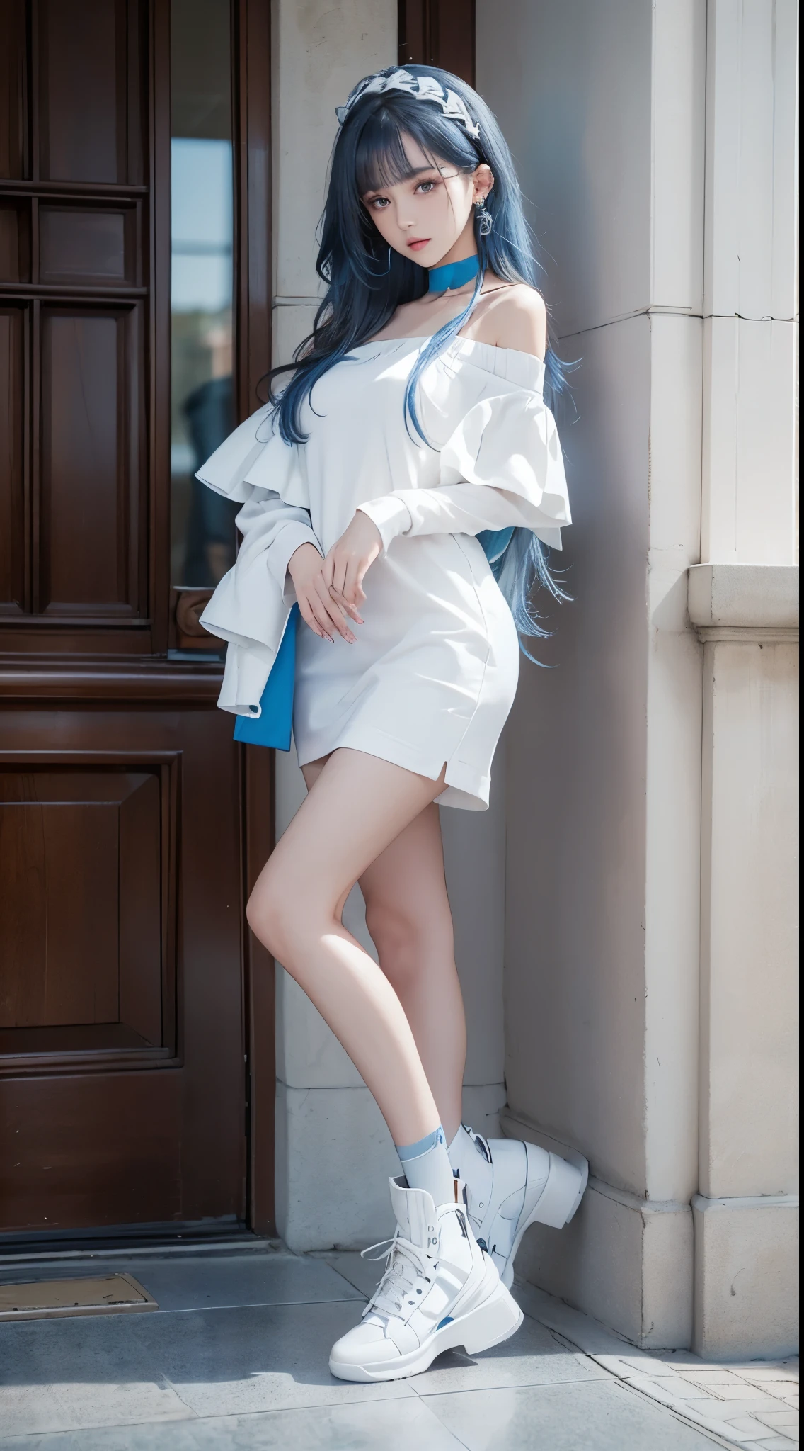 (street:1 girl with blue hair,get up,One word step+), masterpiece, best quality, original photo, realistically, Face, Incredibly ridiculous Resourcetra has long curly brown hair around her ears),eye shadow,technical clothing,(White off-the-shoulder over-the-knee dress),White off-shoulder long dress,(White tight flats,depth of field, high resolution, Super detailed, filigree, RAWE is very detailed, The details of the eyes and face are very rich, sharp pupils, realistic student, lock focus, Light,Full body female love,big deal,The legs look very long from the front,dynamic poses,normal posture,Face close-up