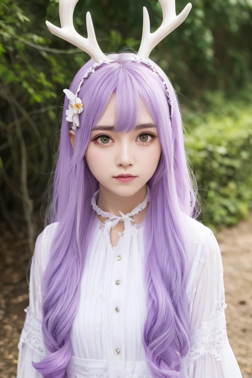 Pastel purple hair Wavy Long Hair Cool eyes fair skin parallel eyebrows Beauty White deer ears purple dress live-action