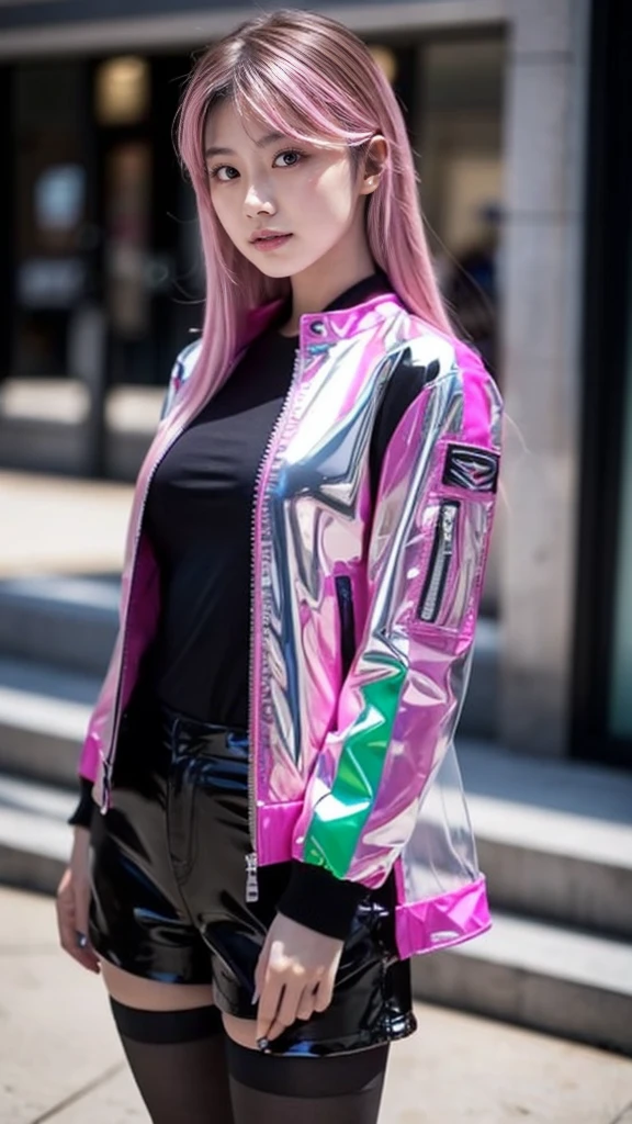 ((masterpiece))) full body, full body Shot (one girl) ((pink hair, long hair, straight hair, both sides up))), ((green eyes))), eye shadow, eyeliner, Glow eye, hyper detail eyes, complicated eyes, beautiful eyes, fine eyes, (((star-shaped pupil, Shining pink eyes))) 18 year old girls. (Wearing a transparent jacket made of PVC material)) huge cool weapon mechanical in hand, huge cool weapon mechanical, Mecha, Mechaanism, mechanical, open stance, Coalesce