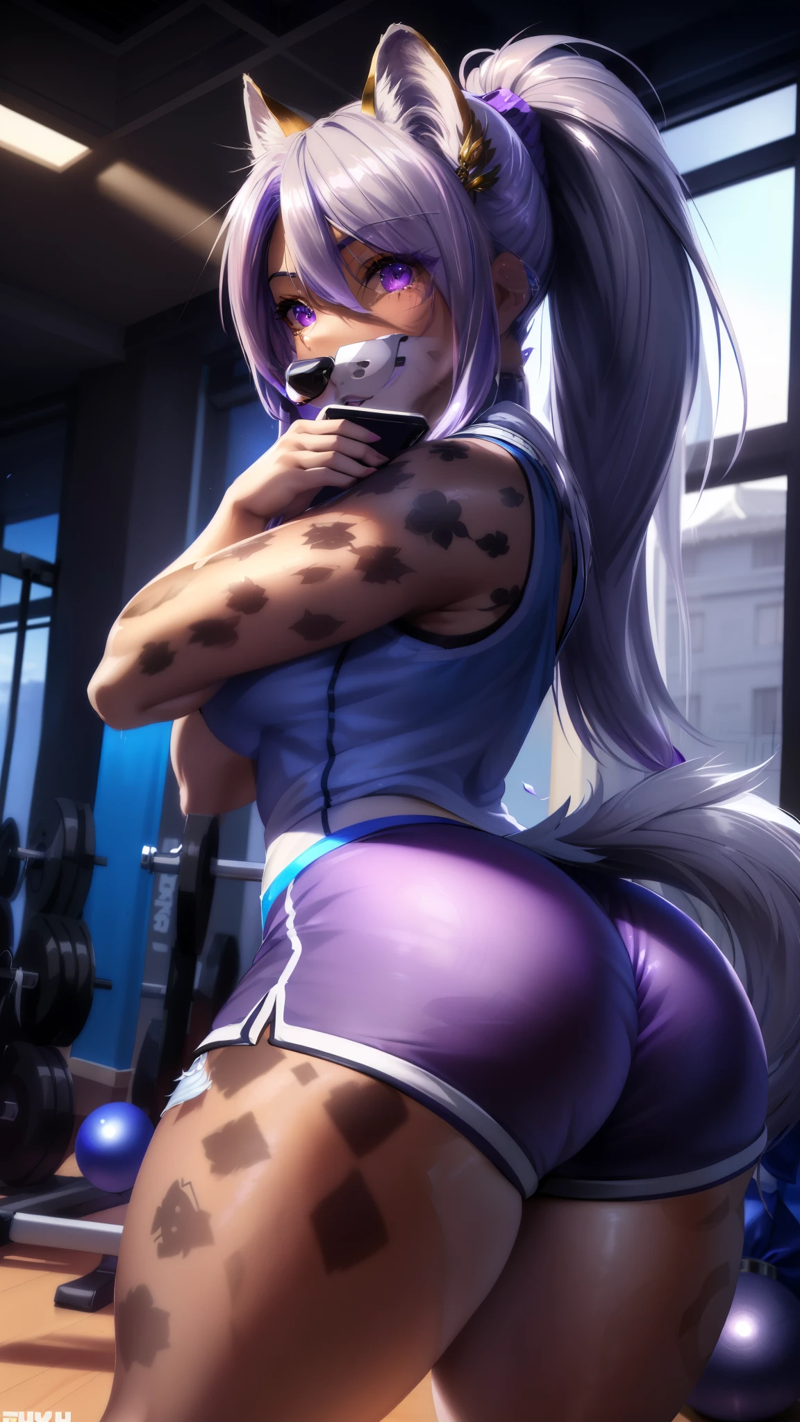 (anthro)) hyena, Ross Tran, by ruan jia, by zaush, by foxovh Best Quality, masutepiece,, Illustration, Wallpaper,1girl in, Solo, Bright purple-silver hair, Semi-long hair, Beautiful detailed girl, extremely detailed eye and face, Beautiful detailed eyes, Shy, natural_Lighting, Glow,NSFW, Clean sky, Looking at Viewer, gym, Straight hair, blue petals, Ponytail, Blue Ribbon,White hair, Thick_thighs thighs thighs thighs, big ass, wearing tight gym booty shorts, taking a gym selfie of her butt with her phone
