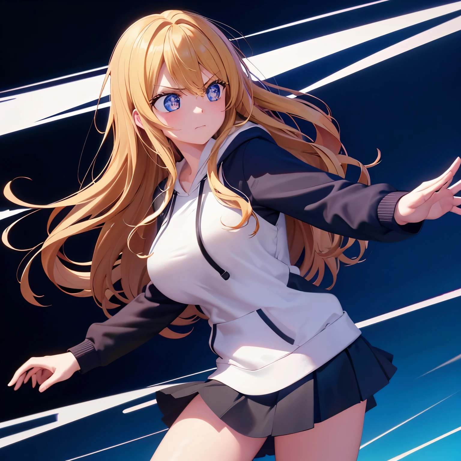 1woman,super beautiful,morning,Facing right, camera angle from the side, looking away, angry expression,, angry expression,cute,morning,half body photo,Beautiful eyes, very detailed face,cute,long hoodie,white hoodie, tennis skirt,HD face, perfect face,black mini skirt,black mini skirt,Very big breasts,Blonde hair,long hair,wavy hair,bangs,blue eyes,ultra detail,ultra Hd, masterpiece,4k