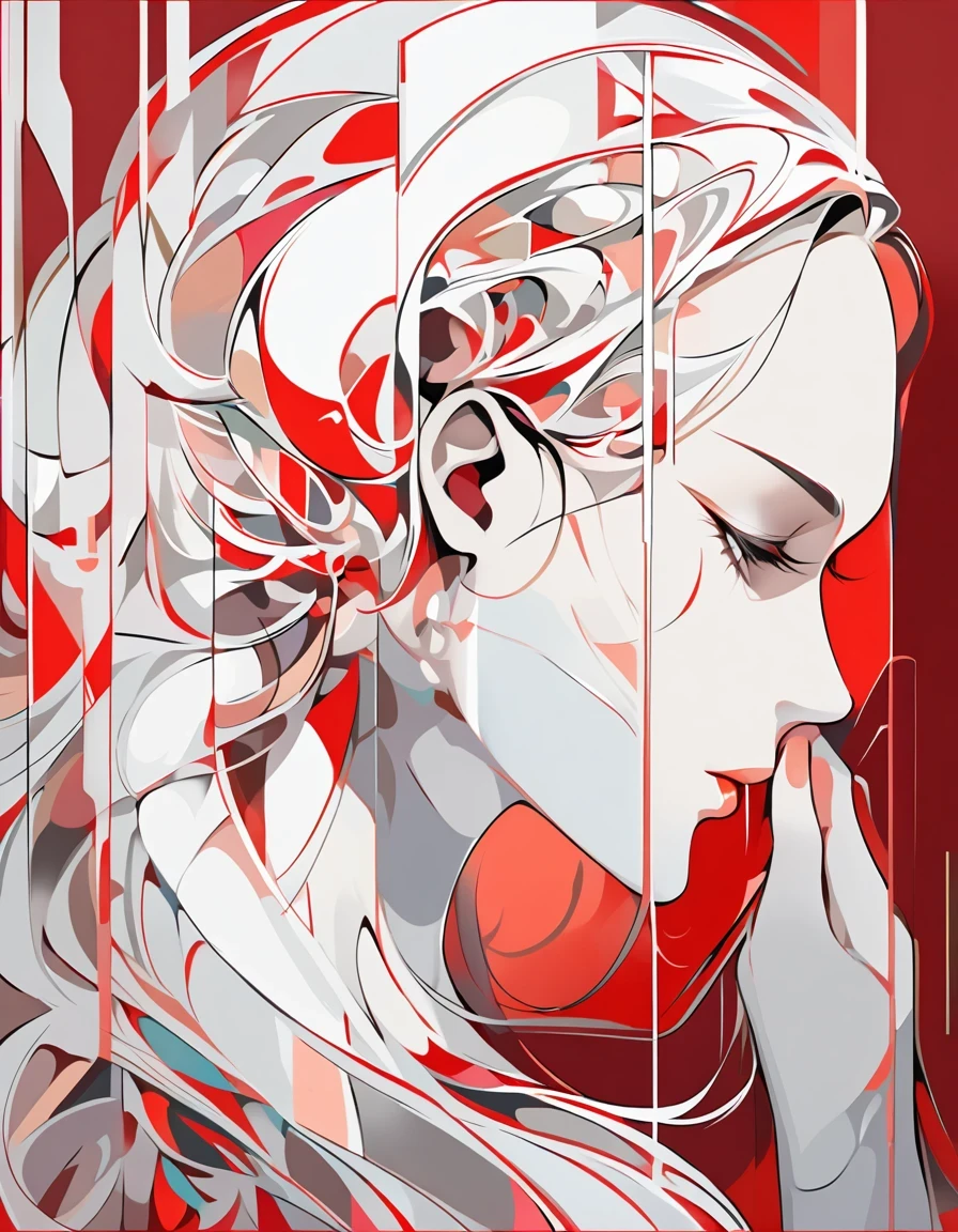 Illustrate an elegant stunning beautiful woman's face in profile using sleek white lines on a Red canvas 