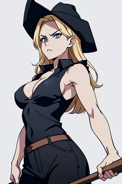 black clothes, black blouse, black pants, cleavage, sleeveless, (((view from front))), anime, 2D, HD, 8K, 90s style, 1girl, blond hair, ((white skin)), standing, (((cowboy shot))), medium breasts, forehead, serious, blue eyes, simple background, kasuki takahashi style, white background