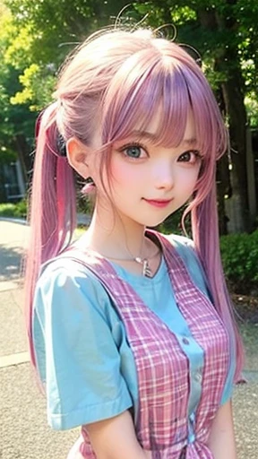 The arrival of autumn、big chest、(small face)、 (alone:1.5,)Super detailed,明るいcolor, very beautiful detailed anime face and eyes, look straight, shiny_skin,girl, (((虹colorの髪, colorful hair, Half blue、half pink hair: 1.2))), 、forehead is exposed.、green eyes、shiny hair, delicate beautiful face, blush、Glasses、(turquoise eyes), White skin, Valletta, mature earrings、lake shore、Taking a walk、Maple leaves are waiting、blue sky、((short sleeve、Cute blouse with polka dots、short sleeveの服、Red checked miniskirt,)))、twin tails、smile、happy face、face dyed red、color々pose、Full body portrait from head to toe、I'm embarrassed