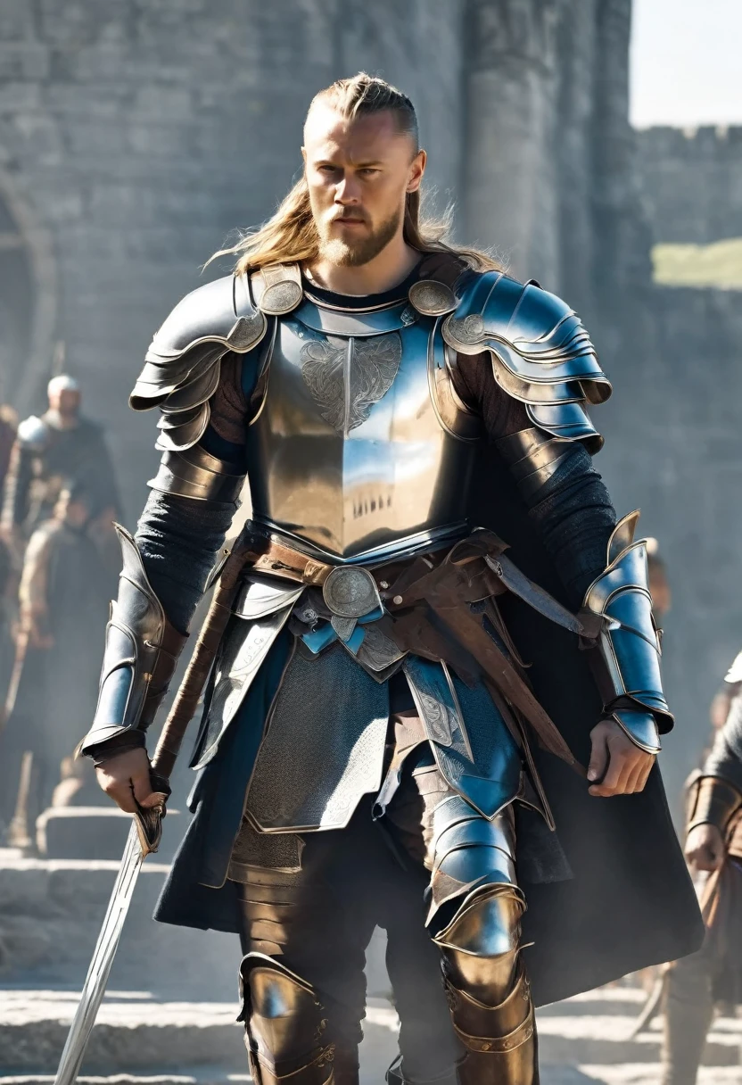 Illustrate the sons of Ragnar lothbrok standing together, wearing armor and holding weapons, ready to fight, heading for King Aella's fortress, crowd cheering for them , detailed face, detailed face expressions, natural face expressions, face in detail, asymmetrical faced,(tall and slender body), fair and smooth skin, detailed hands, detailed fingers, masterpiece, cinematic lighting, physically based rendering, lens flare, award winning rendering, perfect rendering detail, 8K, realism, detailed background, everything in detail, cinematic shot, dynamic lighting, 75mm, Technicolor, Panavision, cinemascope, fine details, 8k, HDR, realism, realistic, key visual, film still, superb cinematic color grading, depth of field, ,midjourney,