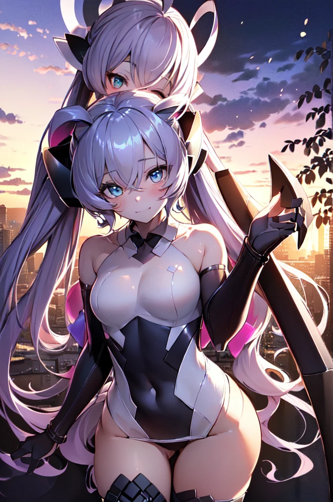 highest quality,((squat ,Crab crotch,leotard,High leg)), elegant, 1 girl, thigh high boots, (Hoshino,hair bobble,Low Twin Tail Muscle,cute, blushed, looking at the viewer, From above,mini skirt, blue eyes, beautiful eyes, beautiful background, particles of light, Light of the sun, dramatic lighting, outside, shiny, realistic, highest quality, Super detailed, become familiar with, scenery, 緻密でbeautiful eyes, thin hair
