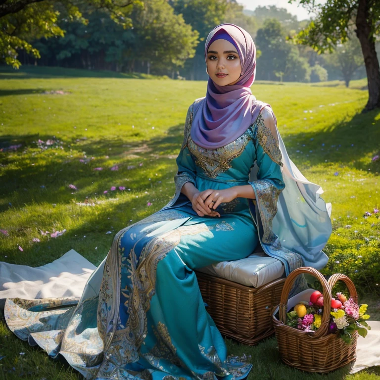 beautiful muslimah girl, wearing traditional baju kurung, ultra-detailed, detailed faces, detailed skins, 8k masterpieces, cinematic lighting, ((1girl)), ((solo)), firm push-up bosom, modest bosom, slim and slender body, long hijab, eid mubarak, in malay village, picnic in the meadow with a basket full of fruits and flowers