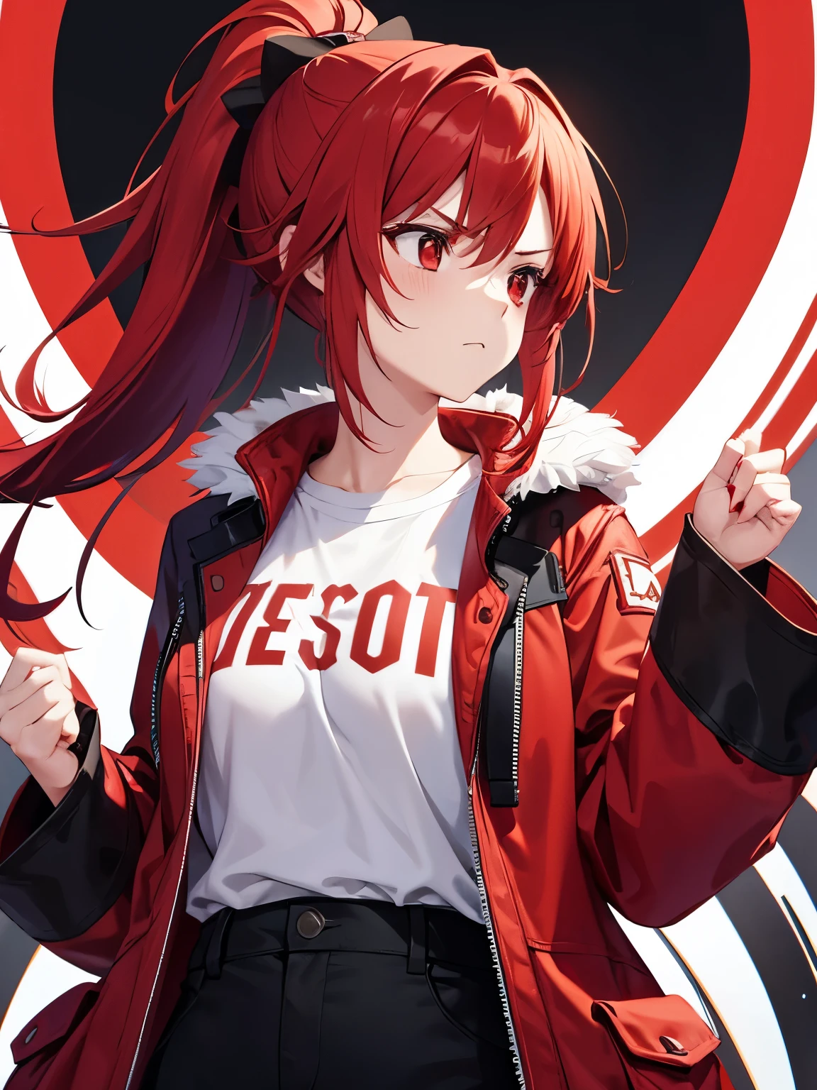 1 girl,Red hair,Facing right, looking away, angry expression,red eyes,Wearing a red fur jacket,ponytail,half body photo,white t-shirt, long black trousers