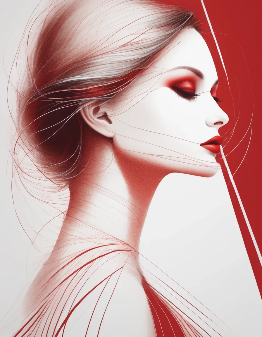 Illustrate an elegant stunning beautiful woman's face in profile using sleek white lines on a Red canvas 