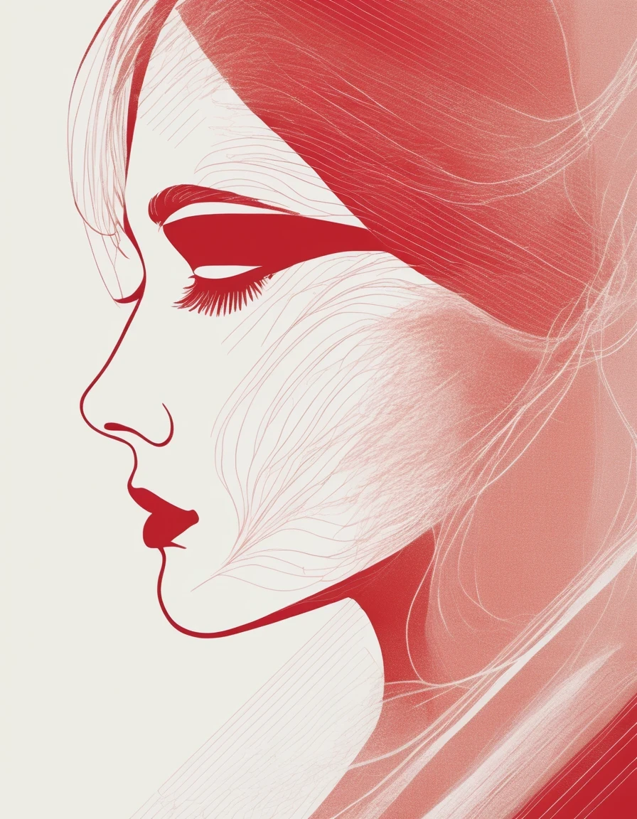 Illustrate an elegant stunning beautiful woman's face in profile using sleek white lines on a Red canvas