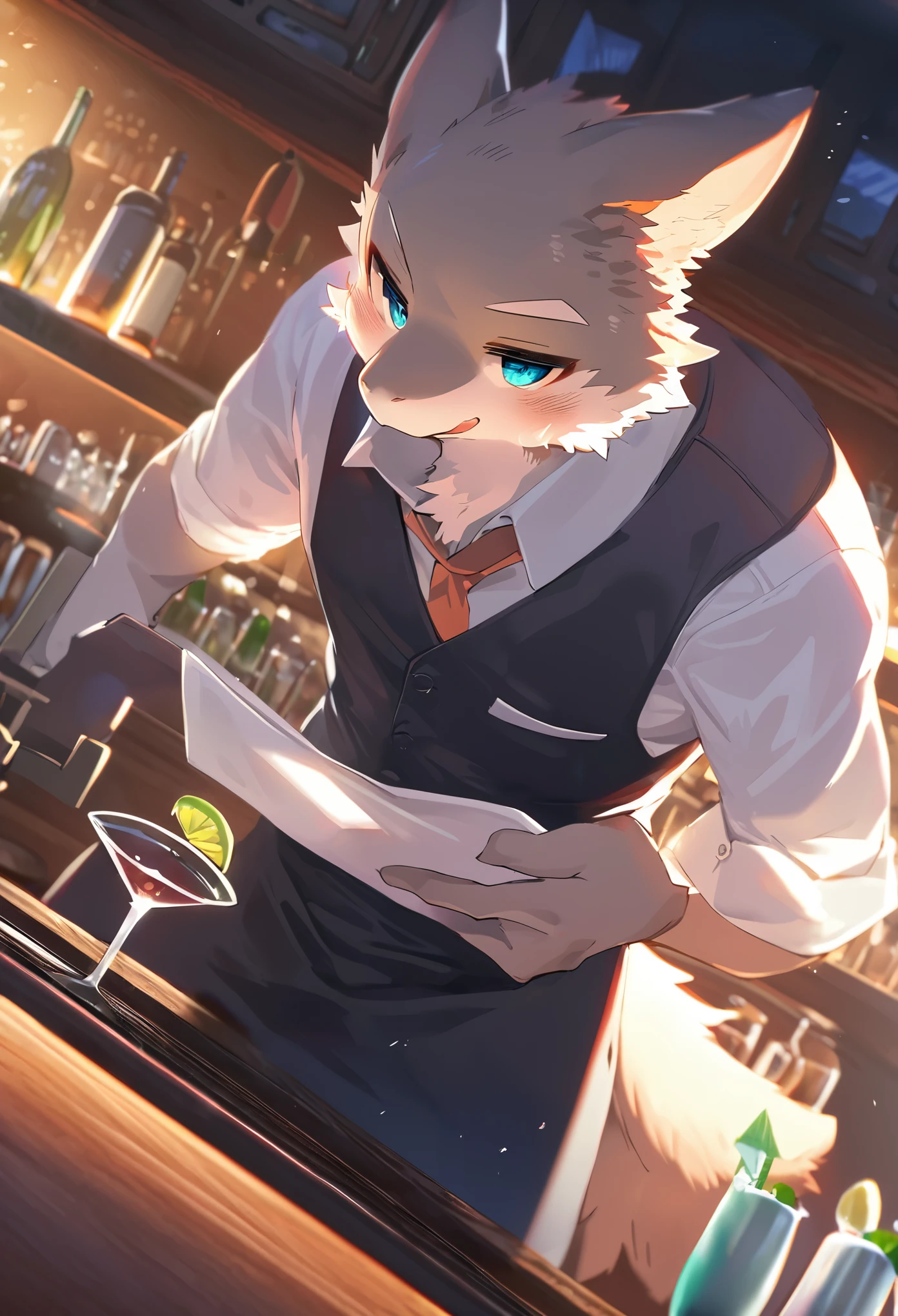 top quality, best quality, High-quality illustrations, masterpiece, super high resolution, detailed background, bartender, bar, cocktail, absurdres, perfect anatomy, expression, good lighting, cinematic shadow(kemono, furry anthro)dynamic angle,