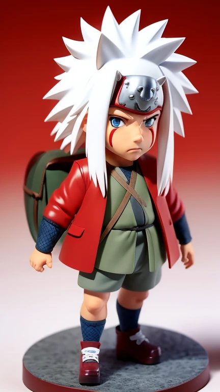 masterpiece, best quality, 8k, cinematic light, ultra high res, chibi, 1boy, Jiraiya from naruto, shorts, white hair, ride big, spiked hair, red jacket, shoes, brown eyeull body:1.2), freckles, standing,