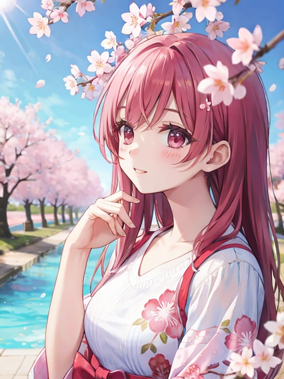 Miku Nakano pink background with right and left sakura trees and cherry blossoms falling down Miku Nakano floats in the middle is small is cute and has small breasts she is flattered lightly dressed