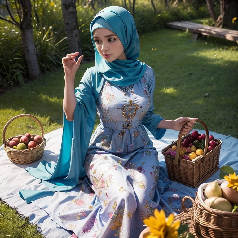 beautiful muslimah girl, wearing traditional baju kurung, ultra-detailed, detailed faces, detailed skins, 8k masterpieces, cinematic lighting, ((1girl)), ((solo)), firm push-up bosom, modest bosom, slim and slender body, long hijab, eid mubarak, in malay village, picnic in the meadow with a basket full of fruits and flowers