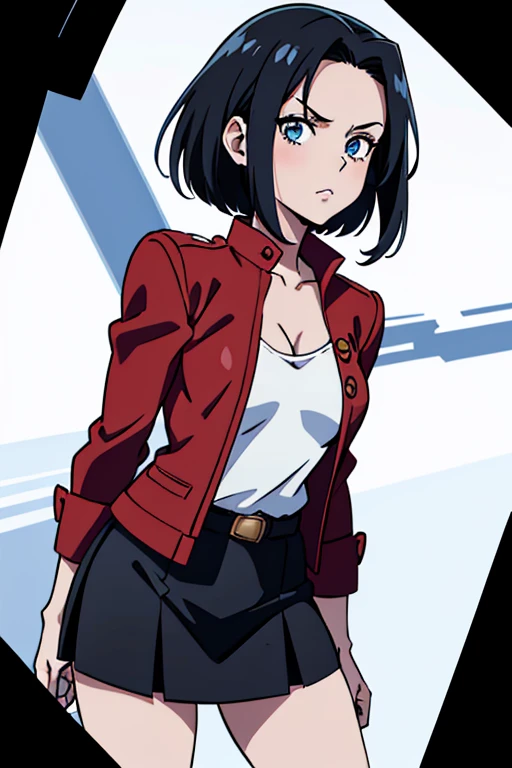 red jacket, black miniskirt, cleavage, cute, (((view from front))), anime, 2D, HD, 8K, 90s style, 1girl, black hair, ((white skin)), , standing, (((cowboy shot))), medium breasts, forehead, serious, blue eyes, short hair, simple background, kasuki takahashi style, white background