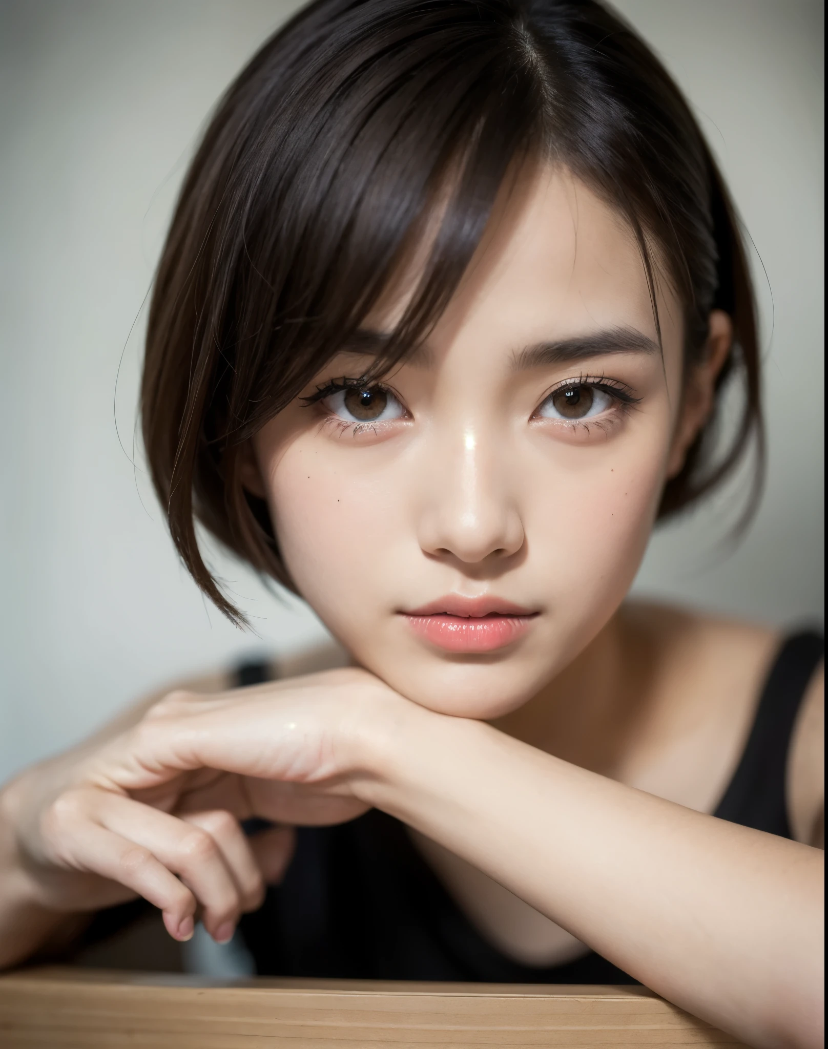 Super detailed, High resolution, (realistic, photorealistic:1.4), 8K, RAW photo, (masterpiece), (highest quality), Physically based rendering, full nude、female university student,Korea, By appearance, nothing to wear、((highest quality, 8K: 1.3)), 1 girl, Slim abs beauty: 1.3, super detailed face, delicate eyes, double eyelid, shy smile, whole body、Self-snapping、short hair