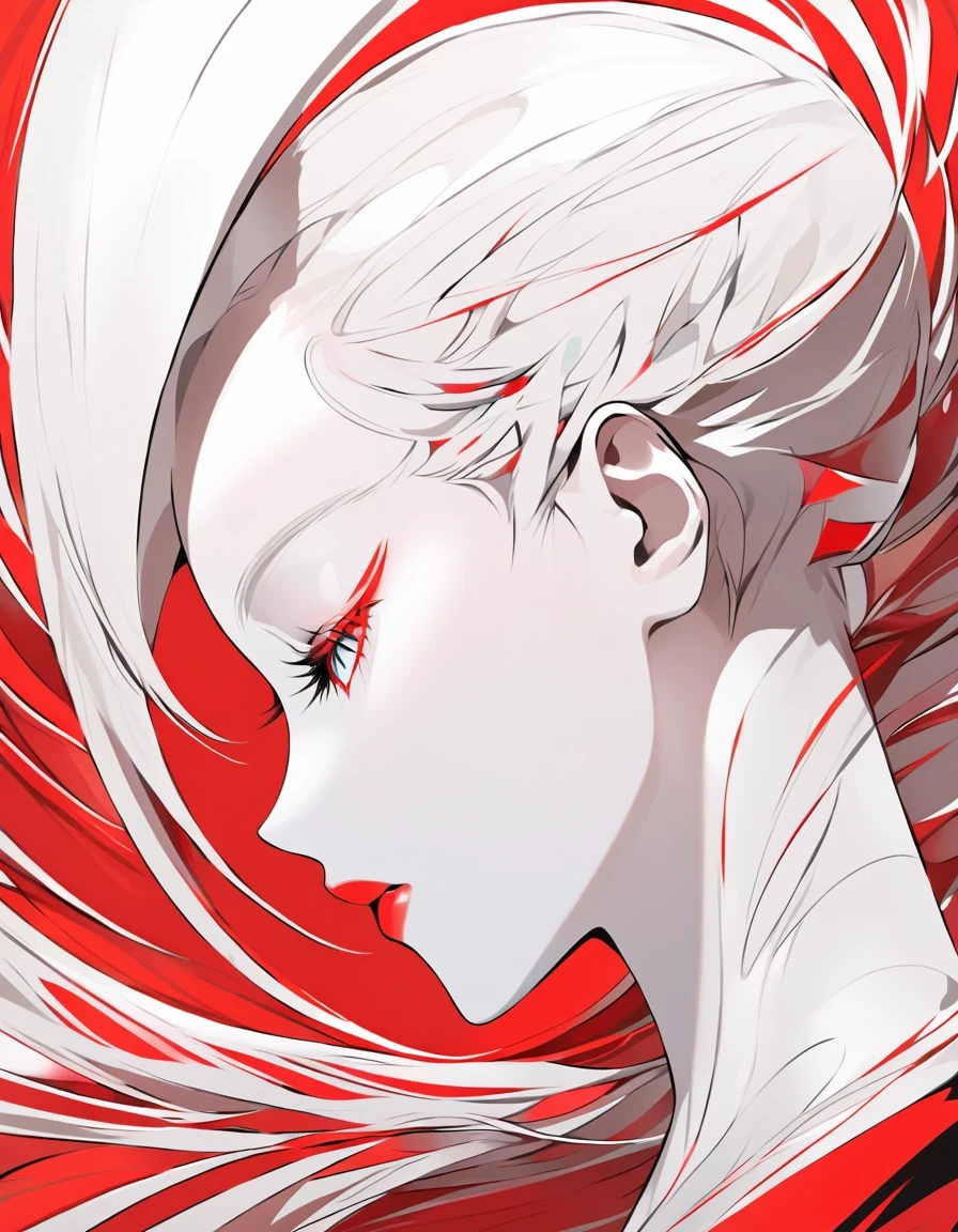 Illustrate an elegant stunning beautiful woman's face in profile using sleek white lines on a Red canvas 