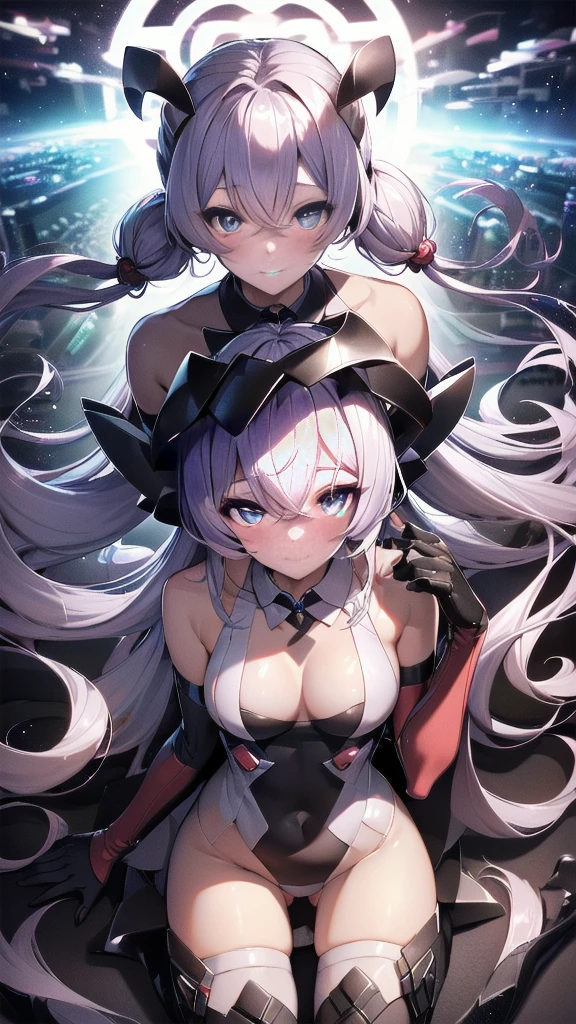 highest quality，((squat ，Crab crotch，leotard，High leg)), elegant, 1 girl, thigh high boots, (Hoshino，hair bobble，Low twin tail，cute, blushed, looking at the viewer, From above,blue eyes, beautiful eyes, beautiful background, particles of light, Light of the sun, dramatic lighting, outside, shiny, realistic, highest quality, Super detailed, become familiar with, scenery, 緻密でbeautiful eyes, thin hair