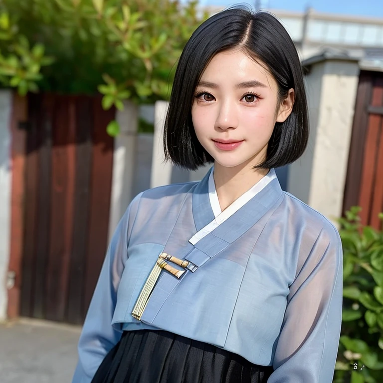 (kawaii 24 year-old Japanese girl, Nogizaka idol, Korean idol), (glossy black hair, medium bob cut:1.3), (extra rounded face, forehead, single eyelid, no makeup, soft smiling:1.2), (well shaped whitened teeth:0.7), (wearing light blue Hanbok, Korean traditional cloth:1.3), well shaped extra small breasts, (looking at viewer:1.2), BREAK, (simple outdoor background:1.3), (portrait, id photo, close shot, view from straight forward:1.3), BREAK, (masterpiece, best quality, photo realistic, official art:1.4), (UHD, 8K quality wallpaper, high resolution, raw photo, film grain:1.2), (shiny skin), professional lighting, physically based rendering, award winning, (perfect anatomy, highly detailed skin, extremely detailed face and eyes, well drawn glittering pupils), Carl Zeiss 85 mm F/1.4, depth of field, 1girl, solo,
