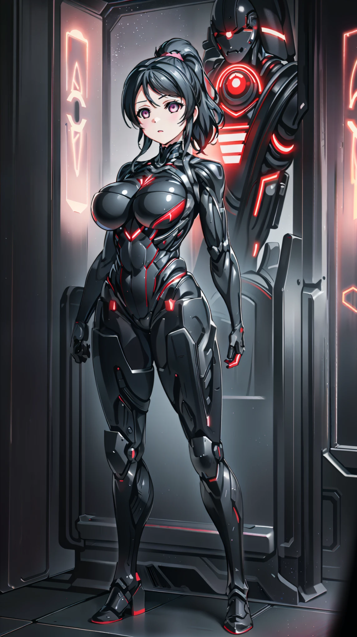 1 girl,Eri Ayase,(lovelive),((huge breasts 1.5)), Shining crimson eyes,absurd, brainwashing,empty eyes, mind control device,((No expression,erasure of emotions)), (black nano suit) , full body figure,(standing in メカnical box:1.5), (highest quality、4k、8K、High resolution、must have:1.2)、Super detailed、(reality、reality的なです、reality的な:1.37)、ticker、hyper hd、studio lighting、ultra definition paint、sharp focus、Physically based rendering、extreme details、Professional specifications、vibrancy and color、blurry、sports portrait、landscape、horror style、anime big breasts、SF、photograph、concept artist、five fingers, perfect body, {{{masterpiece}}}, {{{highest quality}}}, {{Super detailed}}, {shape}, {{very delicate and beautiful}},Improved cost performance、all roles、Canon 5D MK4でphotograph、photograph,