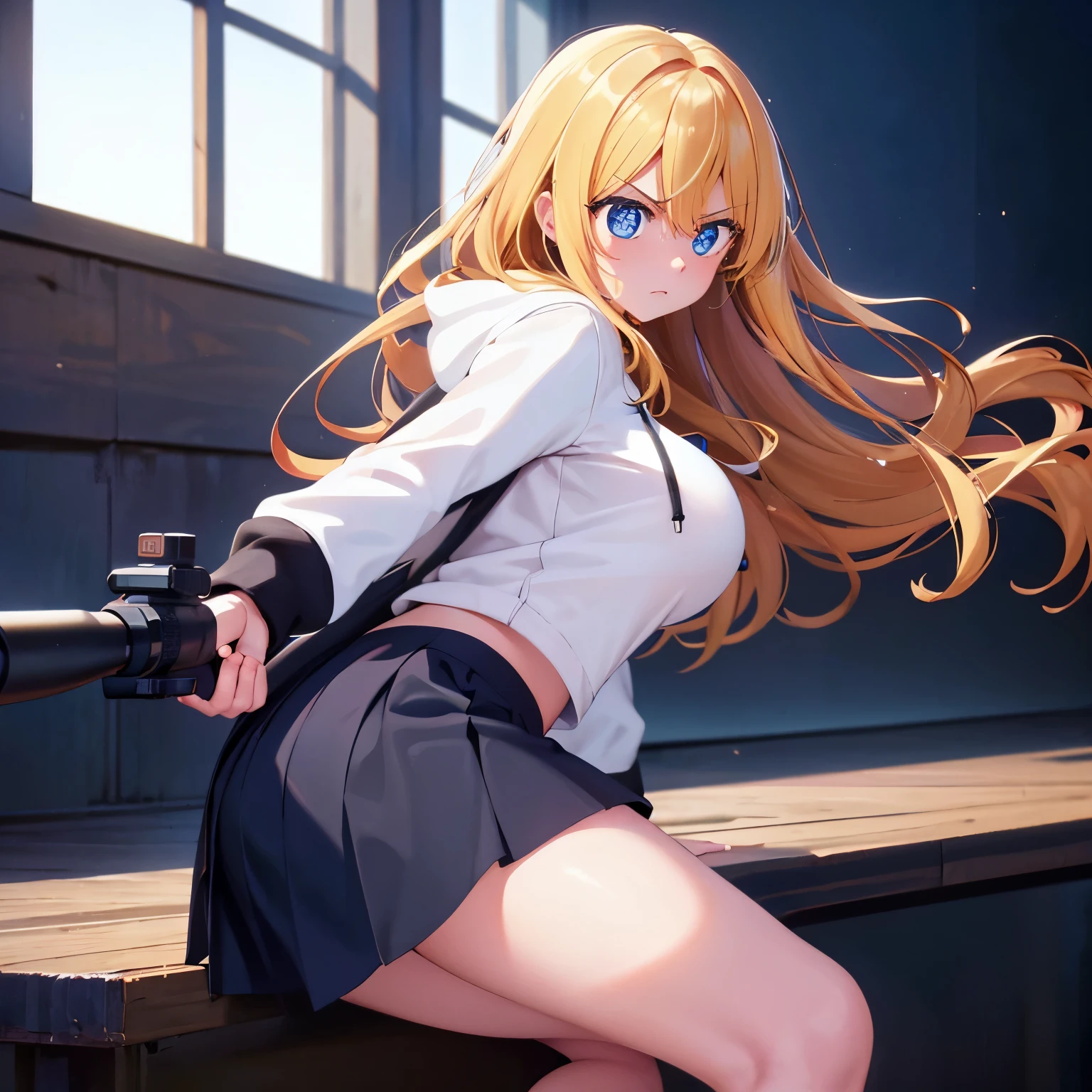 1woman,super beautiful,morning,Facing right, camera angle from the side, looking away, angry expression,Holding a sniper, take aim, angry expression,cute,morning,half body photo,Beautiful eyes, very detailed face,cute,long hoodie,white hoodie, tennis skirt,HD face, perfect face,black mini skirt,black mini skirt,Very big breasts,Blonde hair,long hair,wavy hair,bangs,blue eyes,ultra detail,ultra Hd, masterpiece,4k