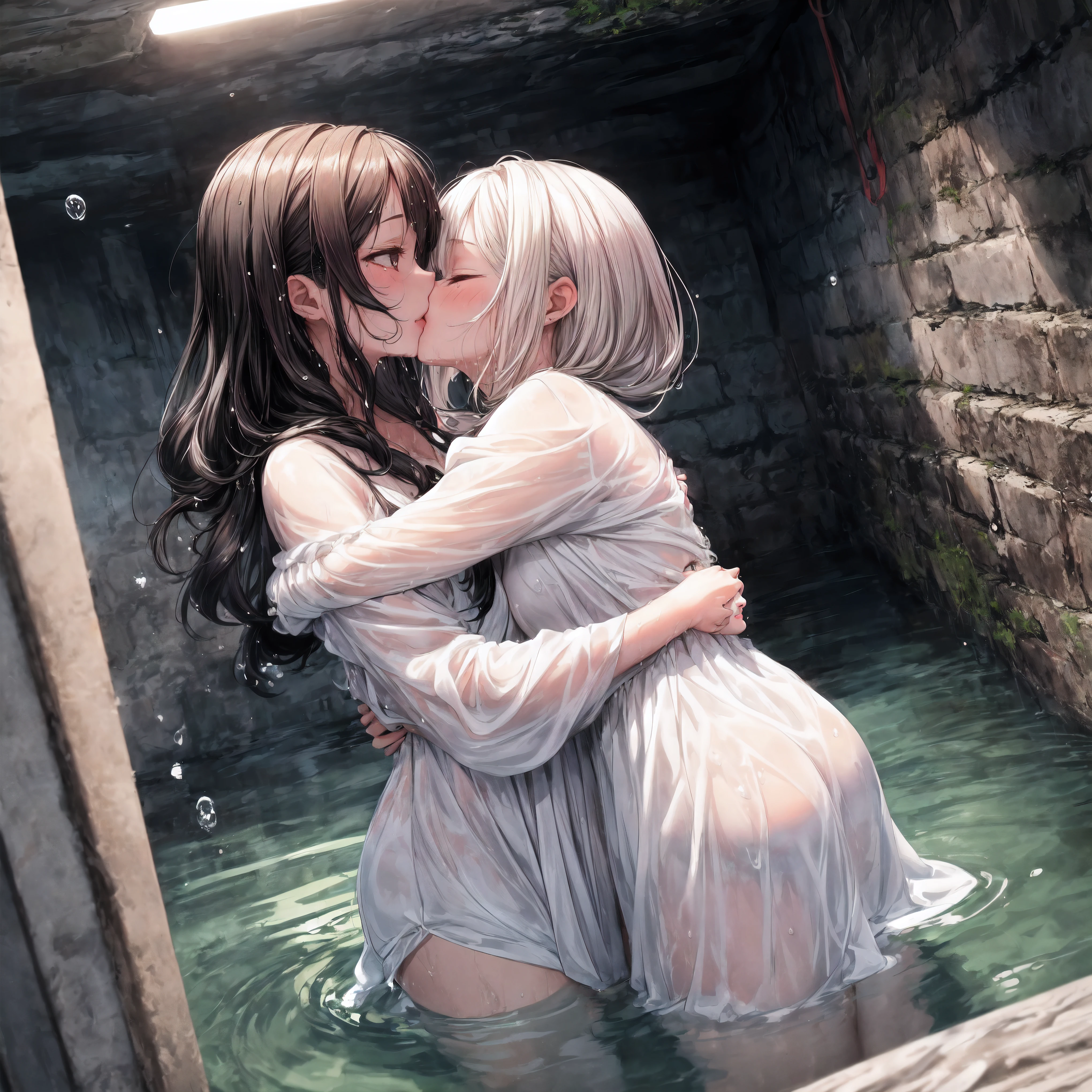 hyper quality, high resolution, intricate details, panorama, dutch angle, (2 s) wearing (white and black silk dress), silk texture dress, (white dress and black dress:1.23), ((very large dress), best silk texture, best Wrinkles on dress), (yuri, lesbian), (deep kiss, hug:1.25), full body, Beautiful eyes, (Partial submerse:1.1),Partial dress in water, (Water sprayed, water column:1.1) (wet, very wet dress, wet body, wet long hair, wet sleeve, wet silk dress, wet skin:1.1), (Transparent mucus wrapping, water drop), submerse in water, Poignant and beautiful, Smile in despair, smile in sadness, closed mouth, (beautiful and detailed water:1.1), (dark dungeon, dark and damp water dungeon, enclosed space:1.15), (Cement walls), dark light, light source, (atmosphere of despair:1.15), (Water mist), inspired by the flower house Yiding's manga painting, Pixiv competition winner, ukiyo-e, ukiyo-e art style, ukiyo-e style, Japanese art style, Japanese illustrator,