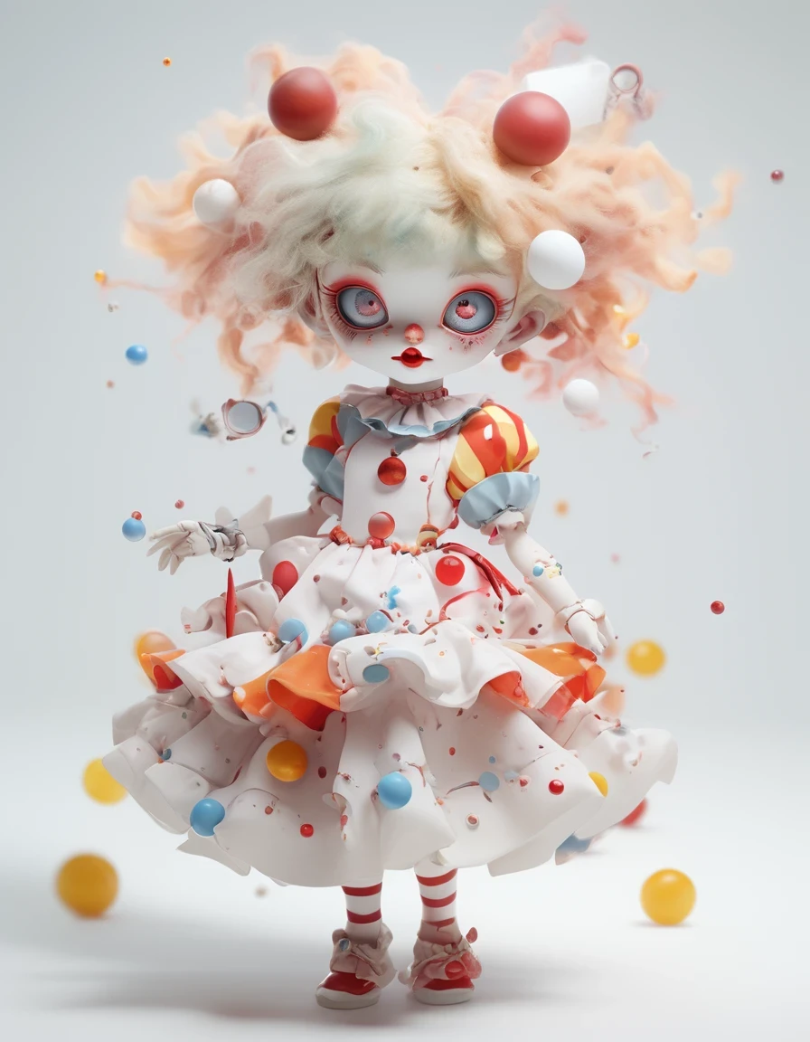 A anime figure,a very cute bjd girl,chibi,full body,dress in an April Fool's Day,Clown image,white clean background,meticulous portraiture,cartoonish innocence,sculpted,exaggerated expression action,precision mech parts,long shot,epic light and shadow,clean background,natural light, 8K,best picture quality,super detail,3D,Cinema 4D, Blender,OC renderer,Ultra HD, 3D rendering,zbrush