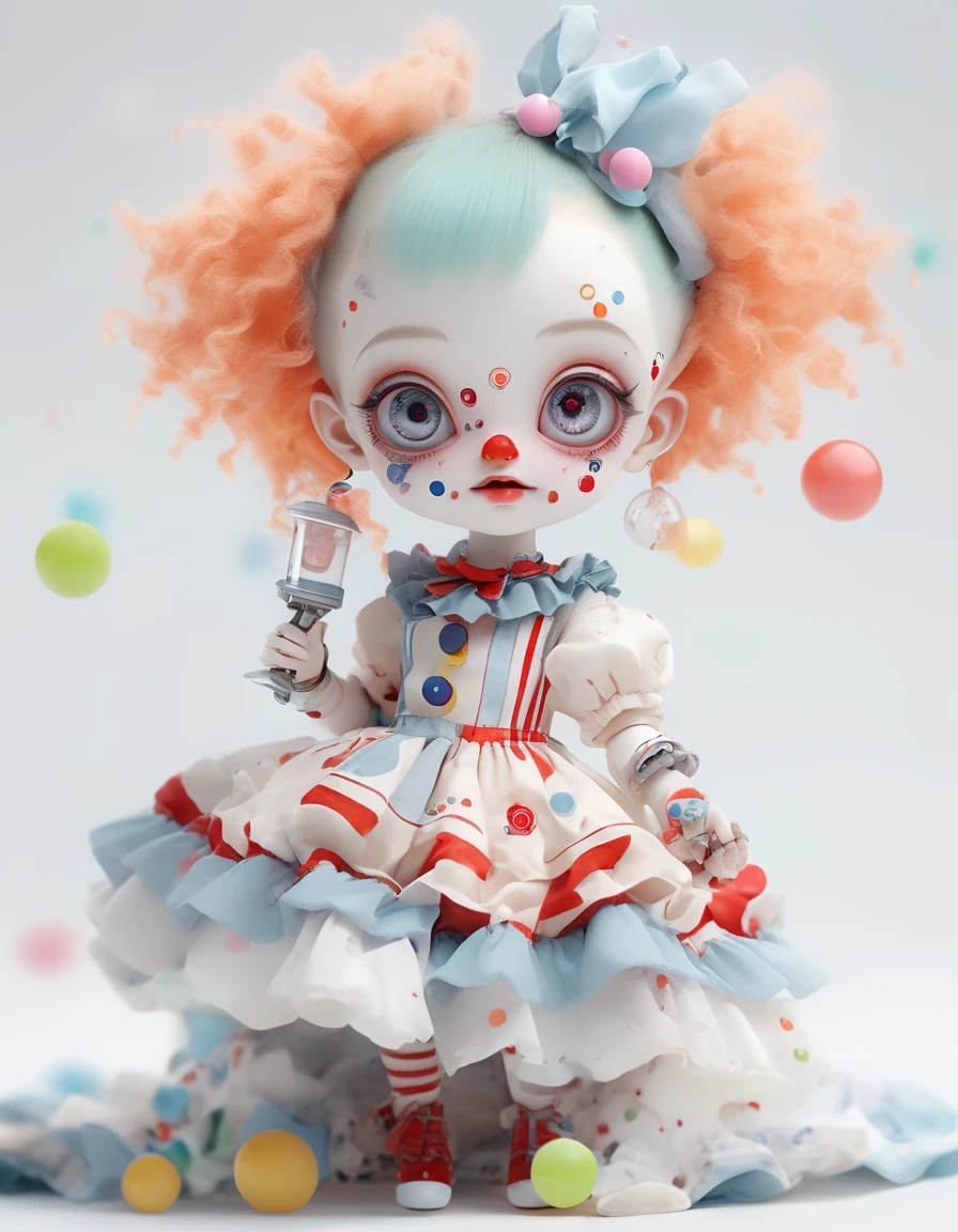 A anime figure,a very cute bjd girl,chibi,full body,dress in an April Fool's Day,Clown image,white clean background,meticulous portraiture,cartoonish innocence,sculpted,exaggerated expression action,precision mech parts,long shot,epic light and shadow,clean background,natural light, 8K,best picture quality,super detail,3D,Cinema 4D, Blender,OC renderer,Ultra HD, 3D rendering,zbrush 