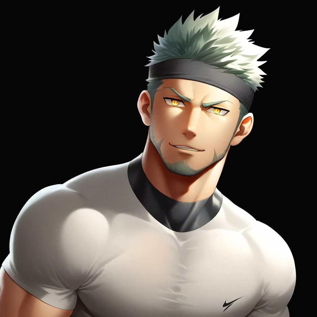 anime characters：priapus, 1 young muscular man, male focus, Sporty black headband, Off-white high collar tight T-shirt, Very sheer tights, muscular male, muscular, bara, Upper body, alone, white short hair, stubble, yellow eyes, blink, black background, Simple background, amazing quality, best aesthetics, ridiculous, bright pupils, short hair, naughty face, torogao, open lips, best quality