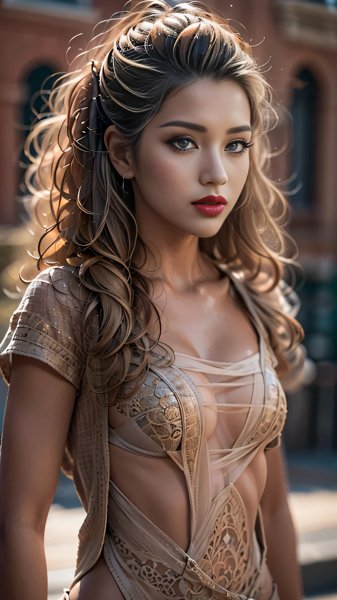 Divide Ratio : 1,1,1 Base Ratio: perfect dynamic composition:1.2,beauty(mixed girl)(madison ivy:0.5)(jessica alba:0.3)(Ariana Grande:0.3) in (Intricately detailed portrait of a((22-year-old))),((photorealistic)),((Hyper realistic)),((sharp focus)),((highest resolution)),(the most absurd quality),(masterpiece),((natural, soft lighting during the day)),fashion supermodel,((best high quality real texture skin)),(Highly quality texture hair),((curly hair(((slicked to the two side)))Intricately detailed:1.44)),(perfect proportions),(anatomically correct),((perfect female body)),((firm normal breasts:1.4)),slim face,beautiful cheekbones,(Super beautiful face),(realistic face),(highly detailed face),absurd(ultra detailed eyes),(tired and sleepy and satisfied:0.0),(close up of a woman's eye with a digital rendering),(realistic eyes),perfect round eyes,finely detailed pupils,(brown_eyes:1.4),BREAK,detailed lips:1.3,pink_makeup:1.3,long_blue_eyeliner:1.1,(red_lipstick:1.25),perfect dark_eyeshadows:1.35,there a close up of a woman's face, with professional makeup,(Detailed nose),small head,full bodyesbian,dark shot:1.2,((Intricately detailed sports crop top:1.3)),look at the viewer,((city),walking),On the street,((upper body shot:1.3)),Hasselblad, 50mm f/2.2