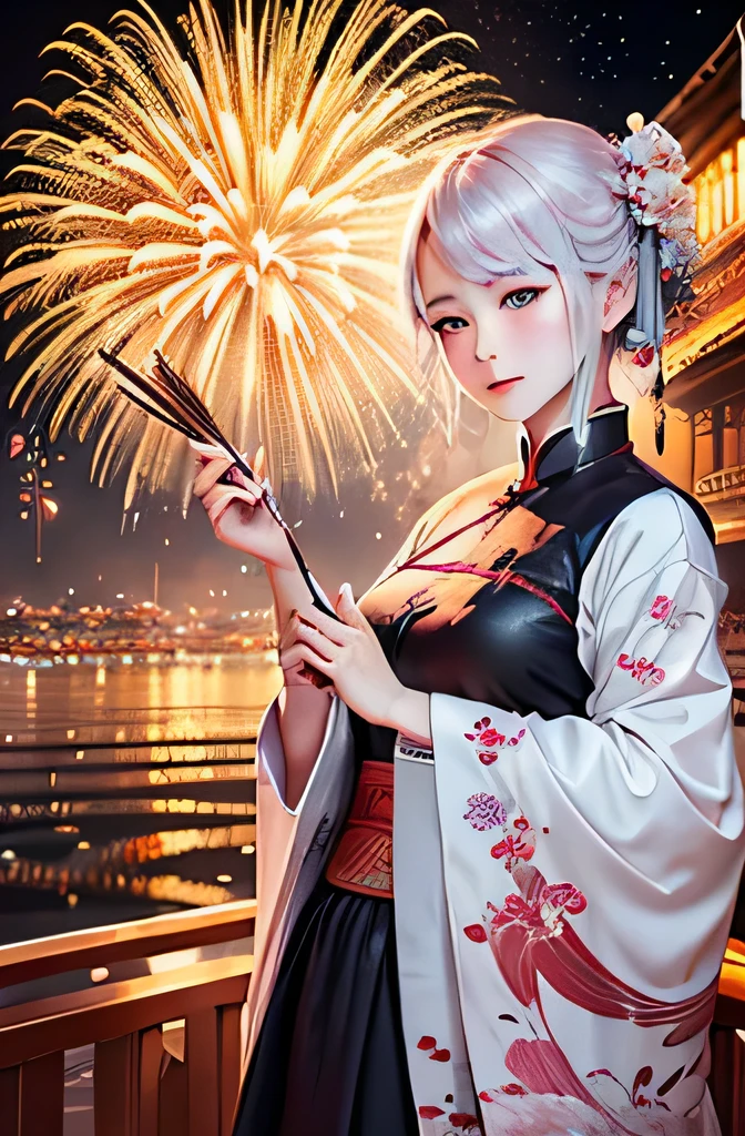 Super Lovely Q version of Fuwa，Lively market, smart eyes,Carry Chinese blessing calligraphy and paintings with you， Fireworks bloom in the sky， Delicate gloss,clean background, 3D rendering,Lovely