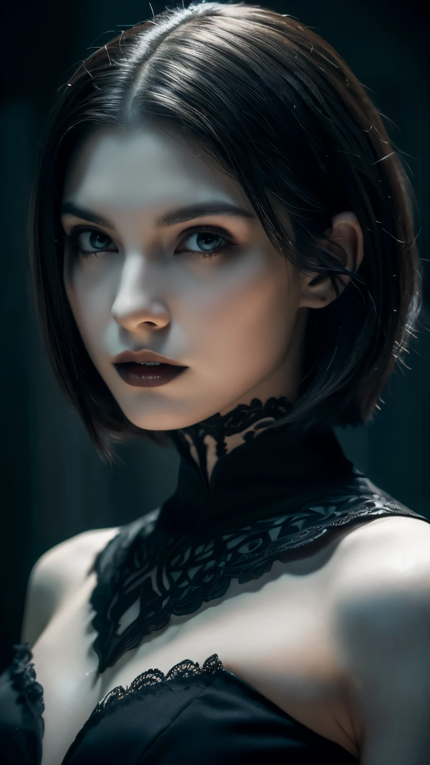 (high quality: 1.3), cinematic shots, masterpiece, (sharp focus: 1.5), (realistic: 1.3), medium portrait (beautiful young vampire woman, pale skin, gothic, still proud and fierce, straight black short bob hair, dark look, Wearing a highly detailed dark tunic, dark atmosphere, but、Sculpture shapes with sharp chiaroscuro), It&#39;s night, (highly detailed skin), (detailed face),  detailed background, dark lighting, dusk lighting, volume lighting, intricate details, UHD,