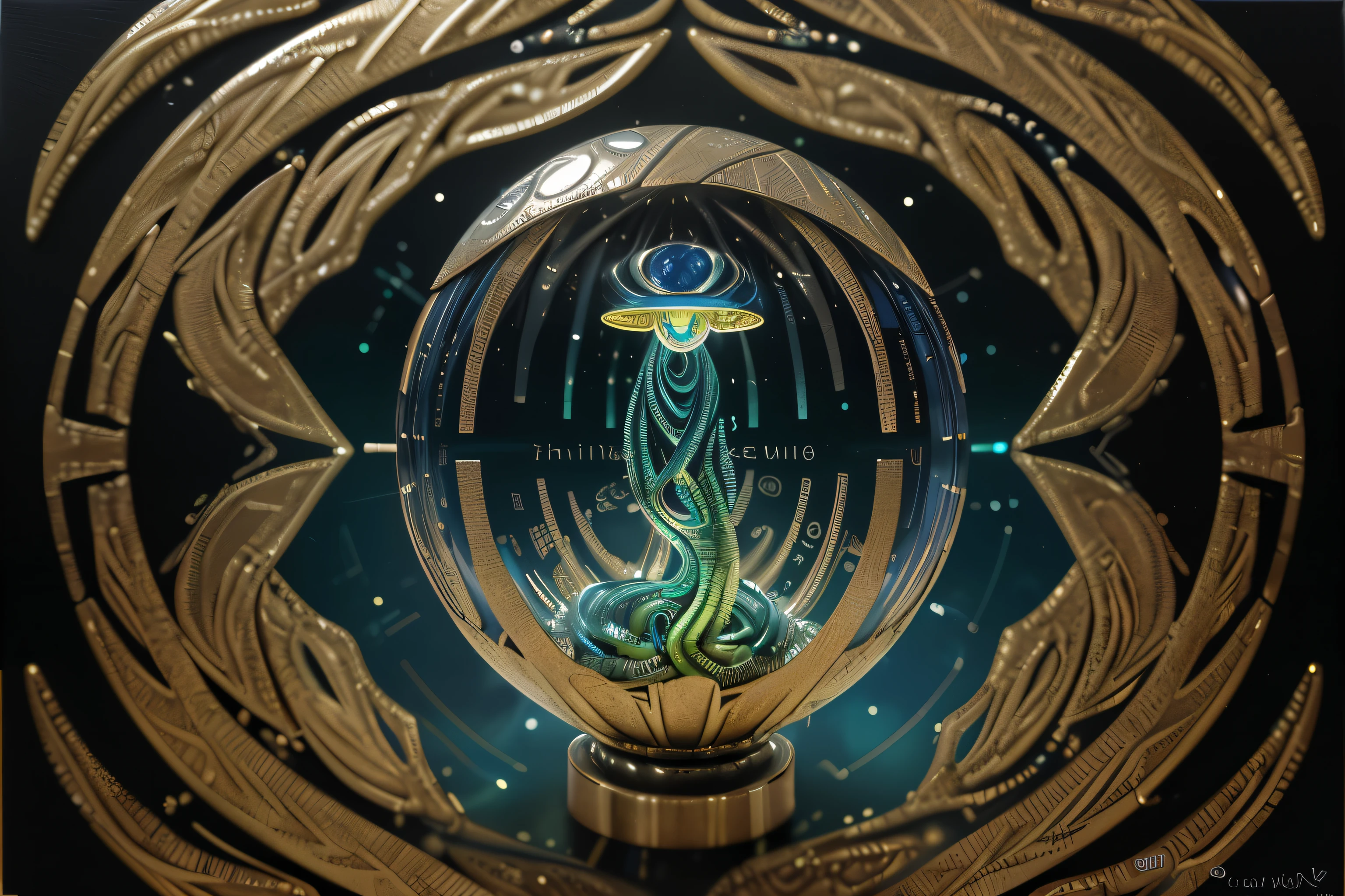 In the center of the surreal landscape sits an absurd alien-esque time capsule, a metallic orb covered in intricate engravings and glowing symbols. The image is a hyper-realistic acrylic painting, showcasing the capsule's reflective surface and different shades of iridescent blues and greens. The attention to detail is astonishing, capturing every twist and turn of the engravings with precision and depth. The overall effect is mesmerizing, drawing viewers in to ponder the mysteries hidden within this otherworldly object.