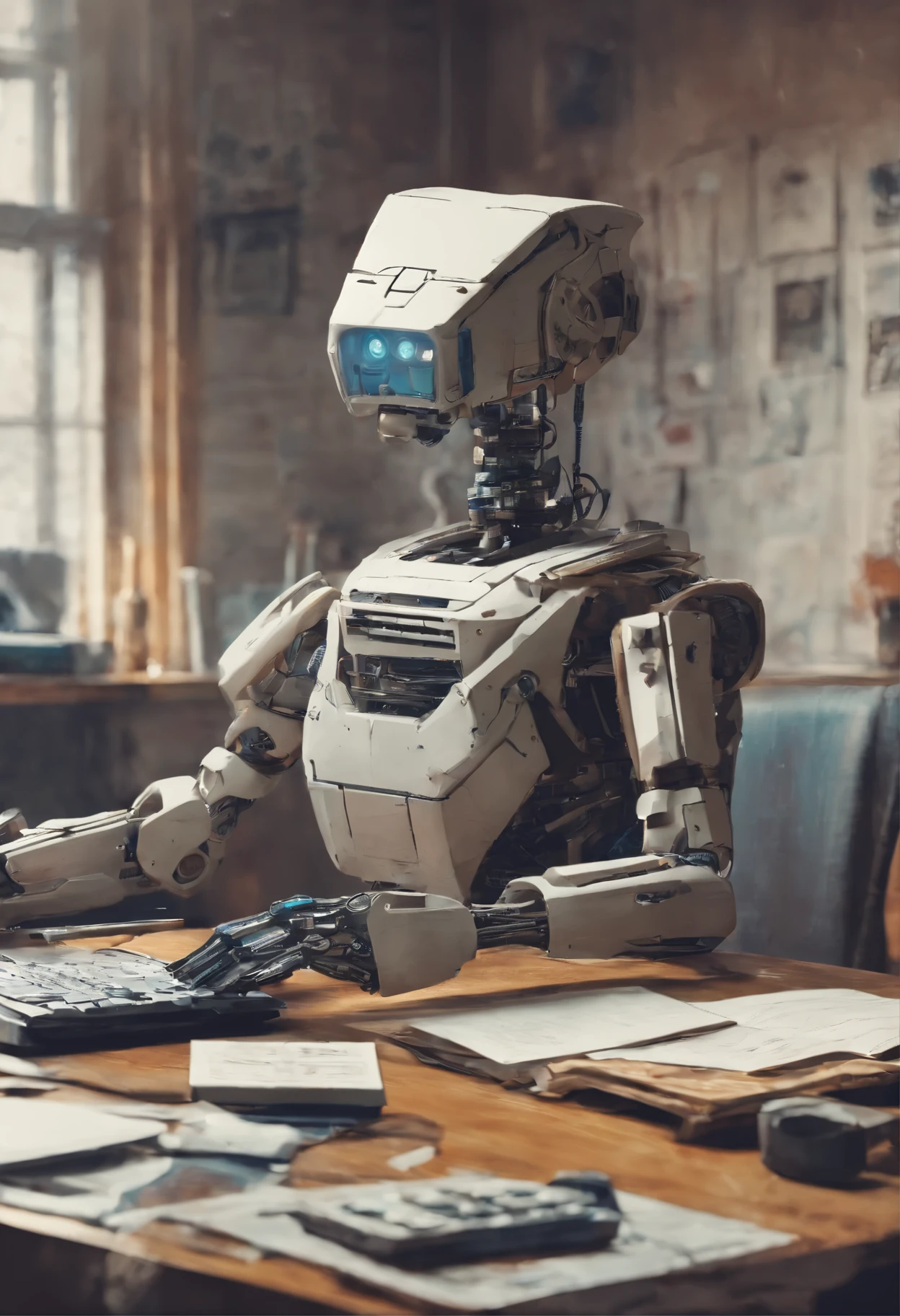 arafed robot sitting at the table,There is a high-tech mobile phone in front of me, Contrast、The art of math by Ludwik Konarzewski, blinds, The art of math, 生锈的Still life with robot, Still life with robot, Portrait of an AI artist, Robot draws on canvas, photography, Old px2400*1600
