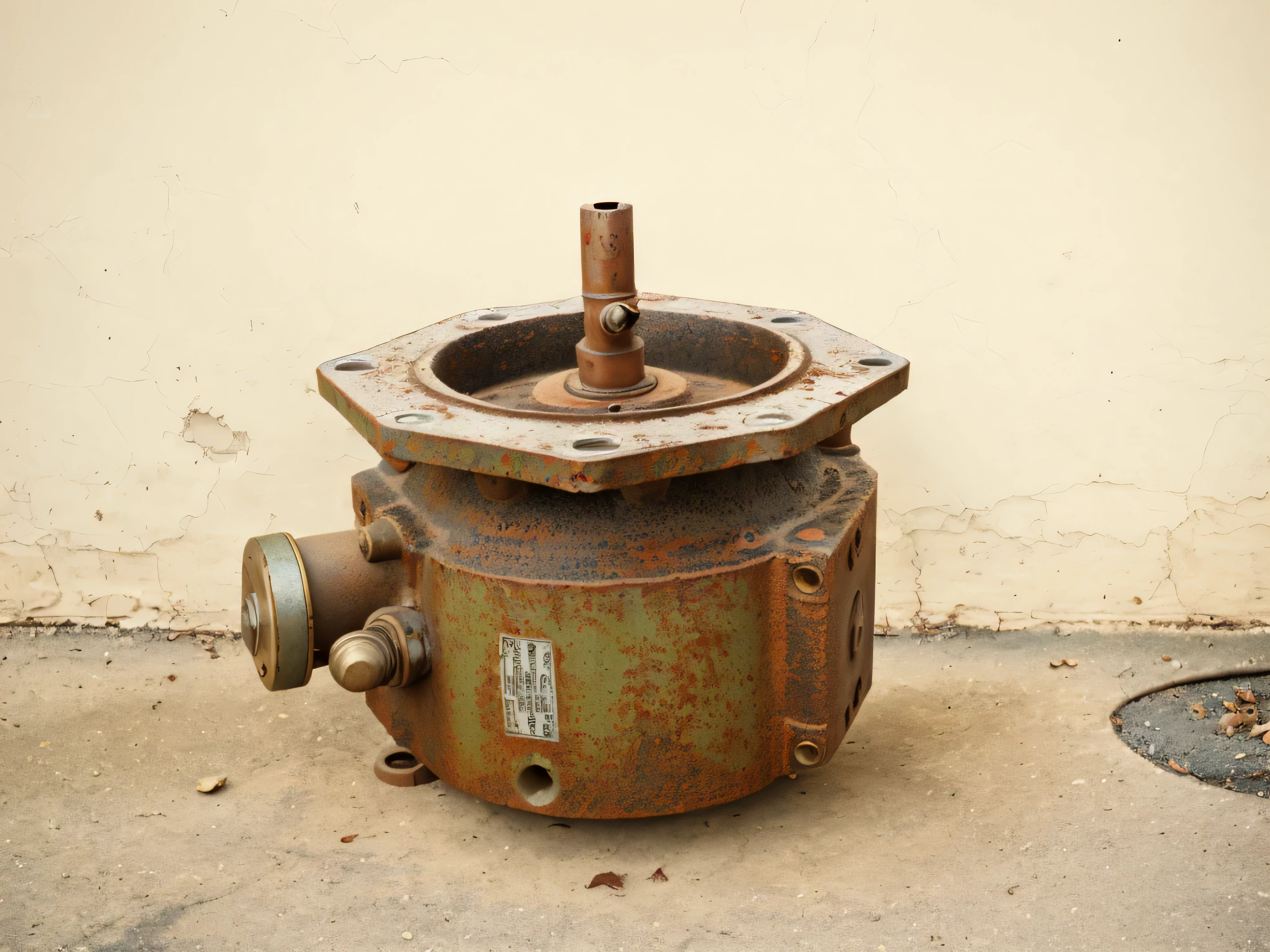 there is a old rusty fire hydrant sitting on the floor, a rusty photo, vintage old, electric motor, cinestill 8 0 0 t 2 0 0 mm, antique, Victor Denis, industrial machinery, catalog photo, High resolution photos, Alexandra Formina, Made in the 1920s, old, very old, nice images