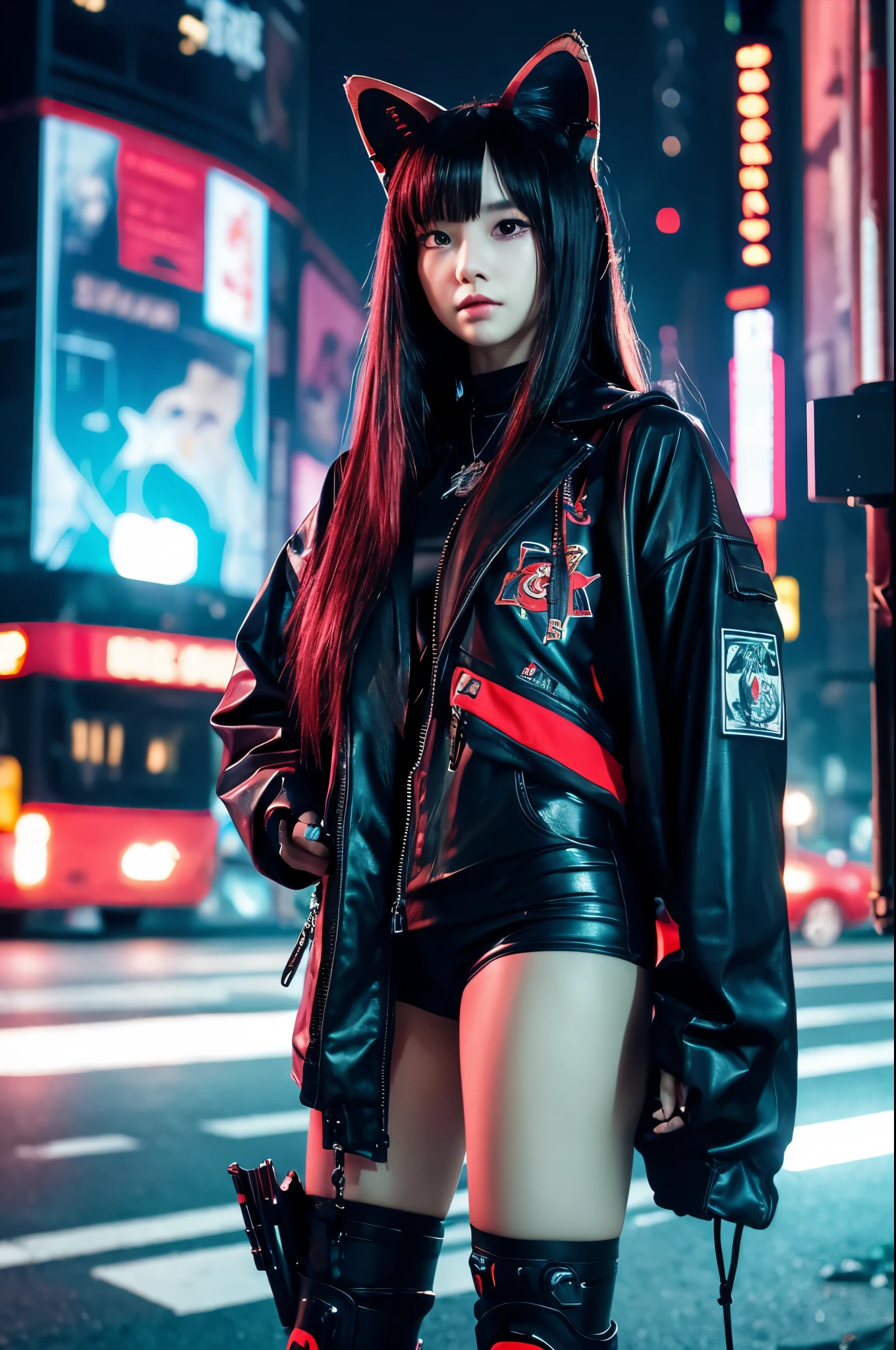 A girl in cyberpunk fashion resembling a fox