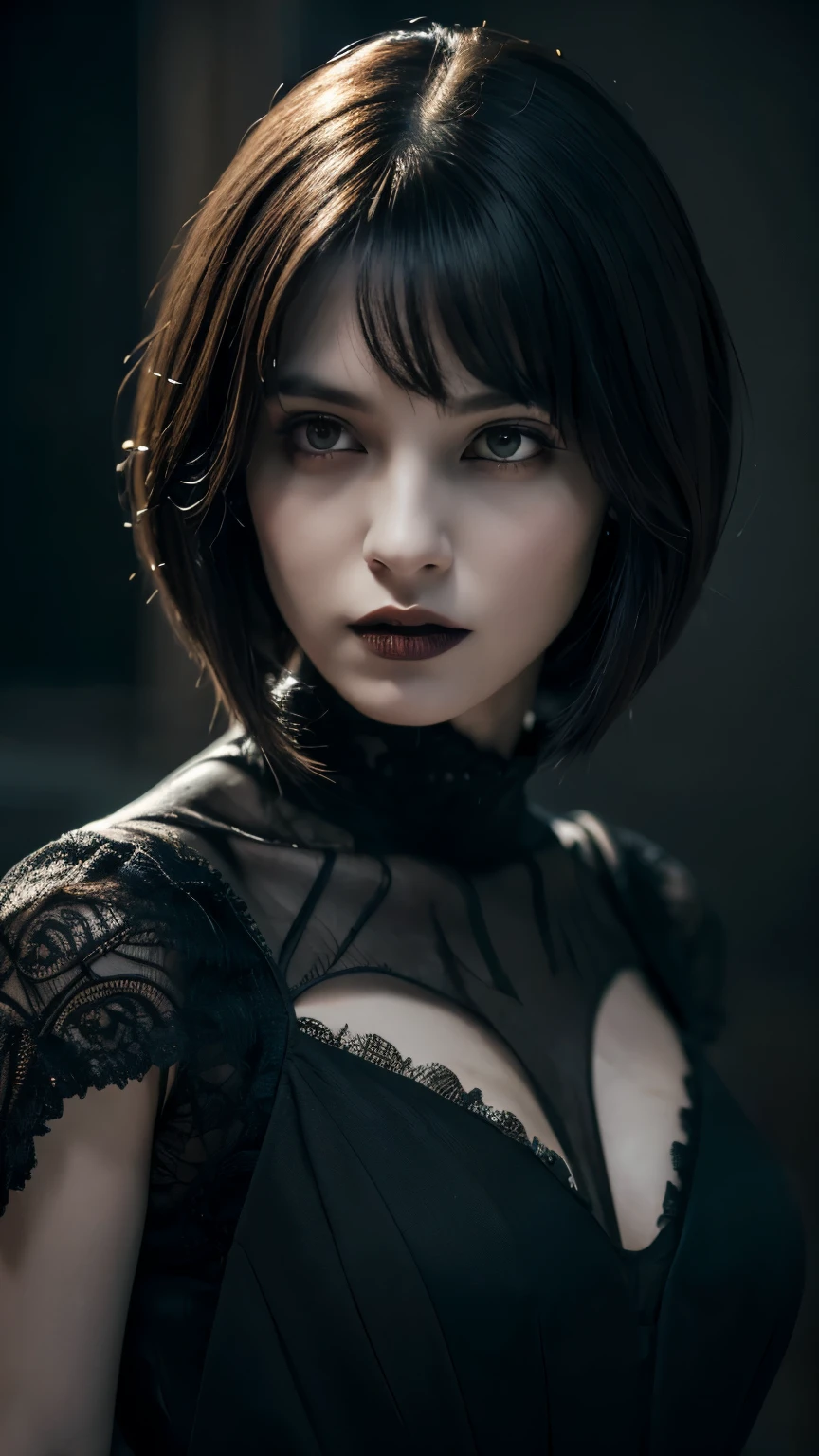 (high quality: 1.3), cinematic shots, masterpiece, (sharp focus: 1.5), (realistic: 1.3), medium portrait (beautiful young vampire woman, pale skin, gothic, still proud and fierce, straight black short bob hair, dark look, Wearing a highly detailed dark tunic, dark atmosphere, but、Sculpture shapes with sharp chiaroscuro), It's night, (highly detailed skin), (detailed face), detailed background, dark lighting, dusk lighting, volume lighting, intricate details, UHD,