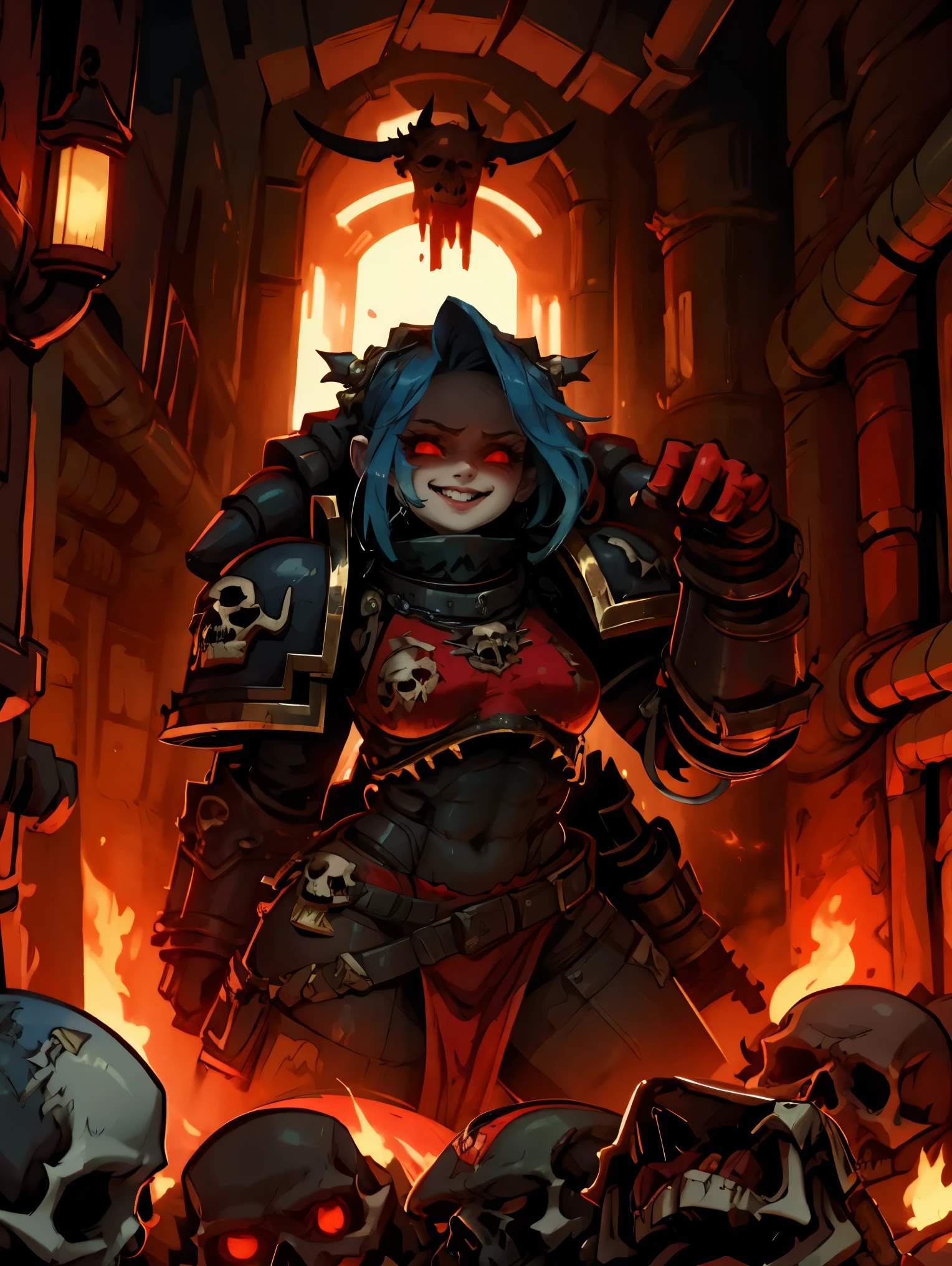 (Best Quality), (8K Resolution: 1.2)(Clear Focus 1:0),  beautiful pretty cute small face, (1girl:1.3) SFW, young khornate berzerker covered in blood, battlefield, pile of skulls, red glowing eyes, sadistic smile