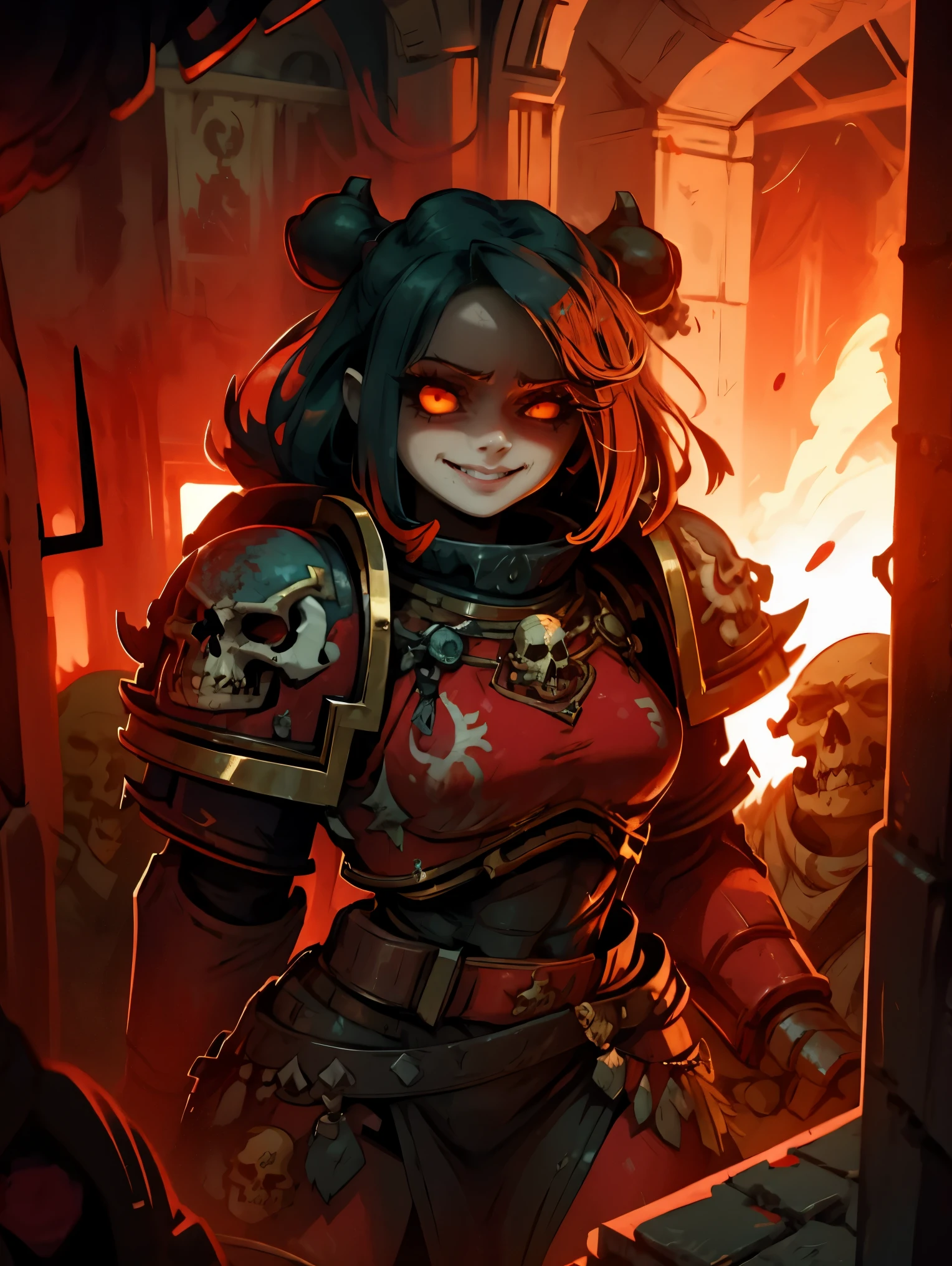 (Best Quality), (8K Resolution: 1.2)(Clear Focus 1:0),  beautiful pretty cute small face, (1girl:1.3) SFW, young khornate berzerker covered in blood, battlefield, pile of skulls, red glowing eyes, sadistic smile