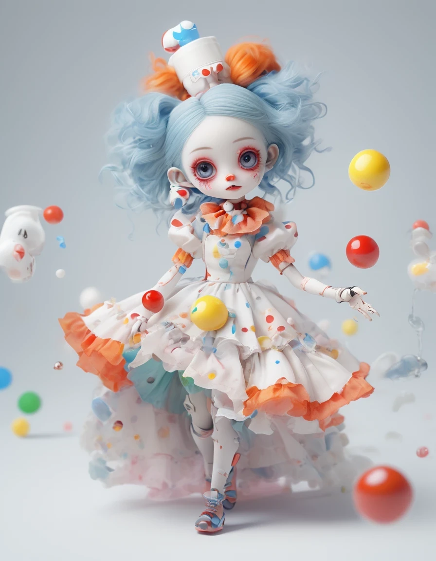 A anime figure,a very cute bjd girl,chibi,full body,dress in an April Fool's Day,Clown image,white clean background,meticulous portraiture,cartoonish innocence,sculpted,exaggerated expression action,precision mech parts,long shot,epic light and shadow,clean background,natural light, 8K,best picture quality,super detail,3D,Cinema 4D, Blender,OC renderer,Ultra HD, 3D rendering,zbrush ，blue background