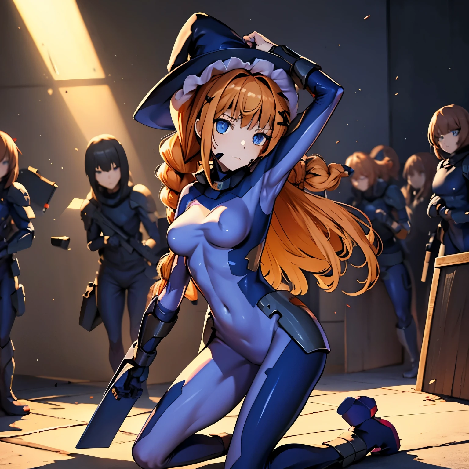 ultra-detailed, Explicit, Beautiful body, Beautiful Nose, Beautiful character design, perfect eyes, perfect face, ultra highres, 4K, beautiful legs, perfect legs, Nice hands, Perfect hand, Masterpiece, Best Quality, Highly detailed, illustration, absurdres, perfect anatomy, expressionless, blank eyes, emotionless,corruption, mind control, female combatant, full body, hypnotized, unhappy trance, full body suit, ribbed bodysuit, both arms at side, obey, perfect female body, looking at viewer, hypnosis, hypnoLora, empty eyes, Mind control device, poses, submissive_pose, Slave, standing straight, standing, Fighting Stance, standing at attention, numbersuit, two-tone bodysuit:0.9, blue bodysuit:0.9, light blue bodysuit:0.9, 1girl, solo, hair ornaments, TOPSPD, TWIN BRAIDS, long hair, orange hair, blue eyes, medium breast, witch hat, apocalyptic background, multiple girls, multiple boys, battle, crowd, blood splatter, fleeing, grabbing, running, foreshortening, attack, fighting, blood on clothes, blood on face