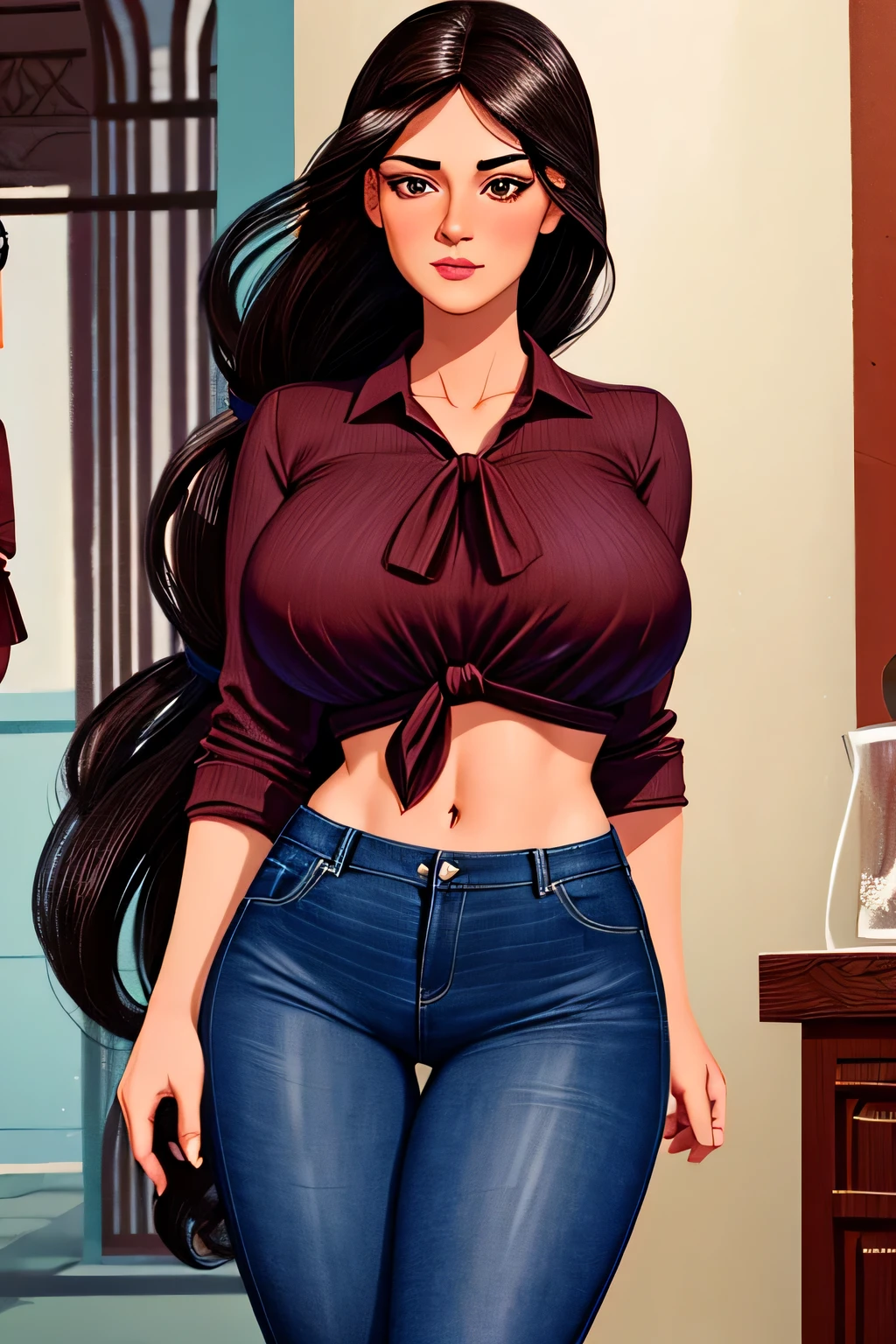 Tall girl, extra large chest, long straight black hair, brown eyes, big black eyelashes, dresses in wine shirt, tied knot, shows navel, sexy curve, and blue denim pants.
