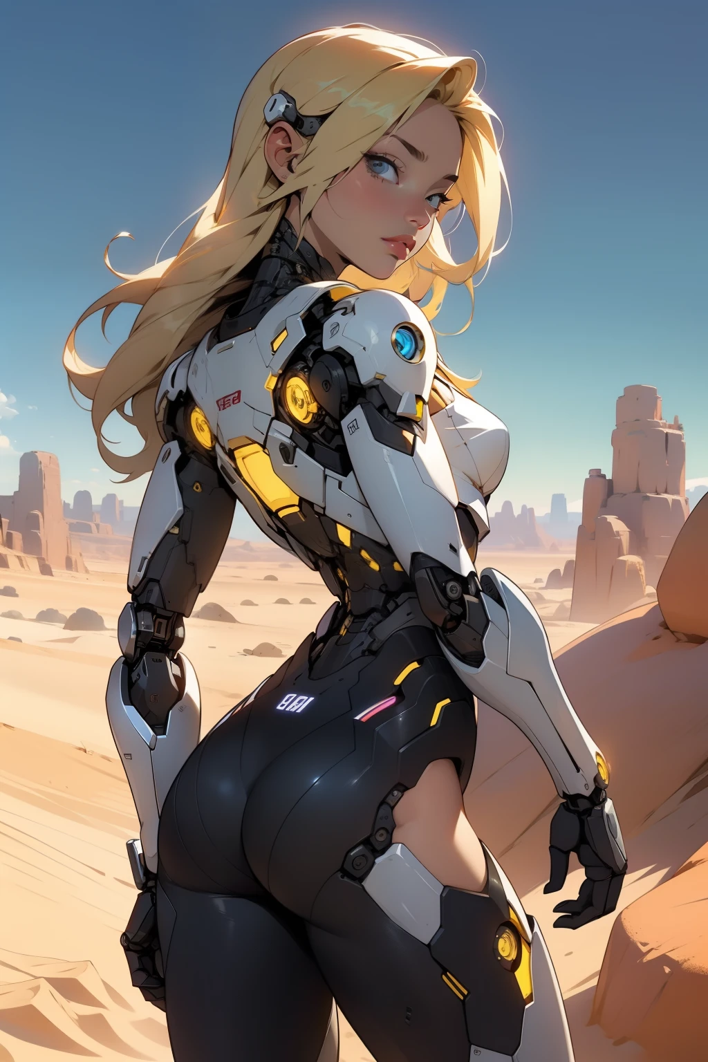 high quality, 4k, masterpiece, beautiful, cyborg girl, cowboy shot, dull eyes, back side, turning around to look at viewer, long blonde hair, girl, small breasts, fit thigh, robotic arms, robotic body, cyborg body, yellow accent, redaccent, intricate detail, joint, detailed lines, robotic detail, 1fist on hip, color robotic parts, robotic parts with color, perfect fingers, on a desert planet, sunny background, colorful desert,