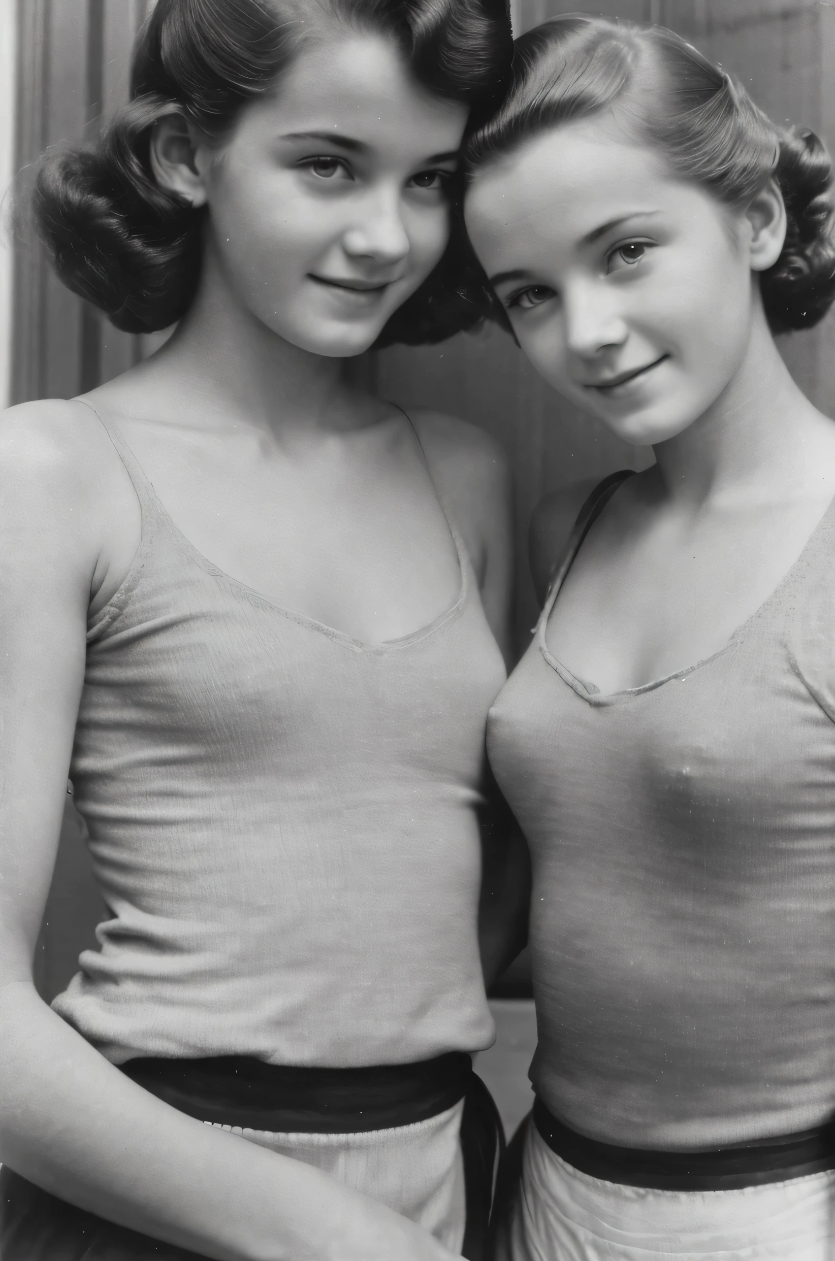 2 girls from 1945, world war, poor clothes, skinny, b-cup, 18 years old, white skin, old fashion hairstyle, cute