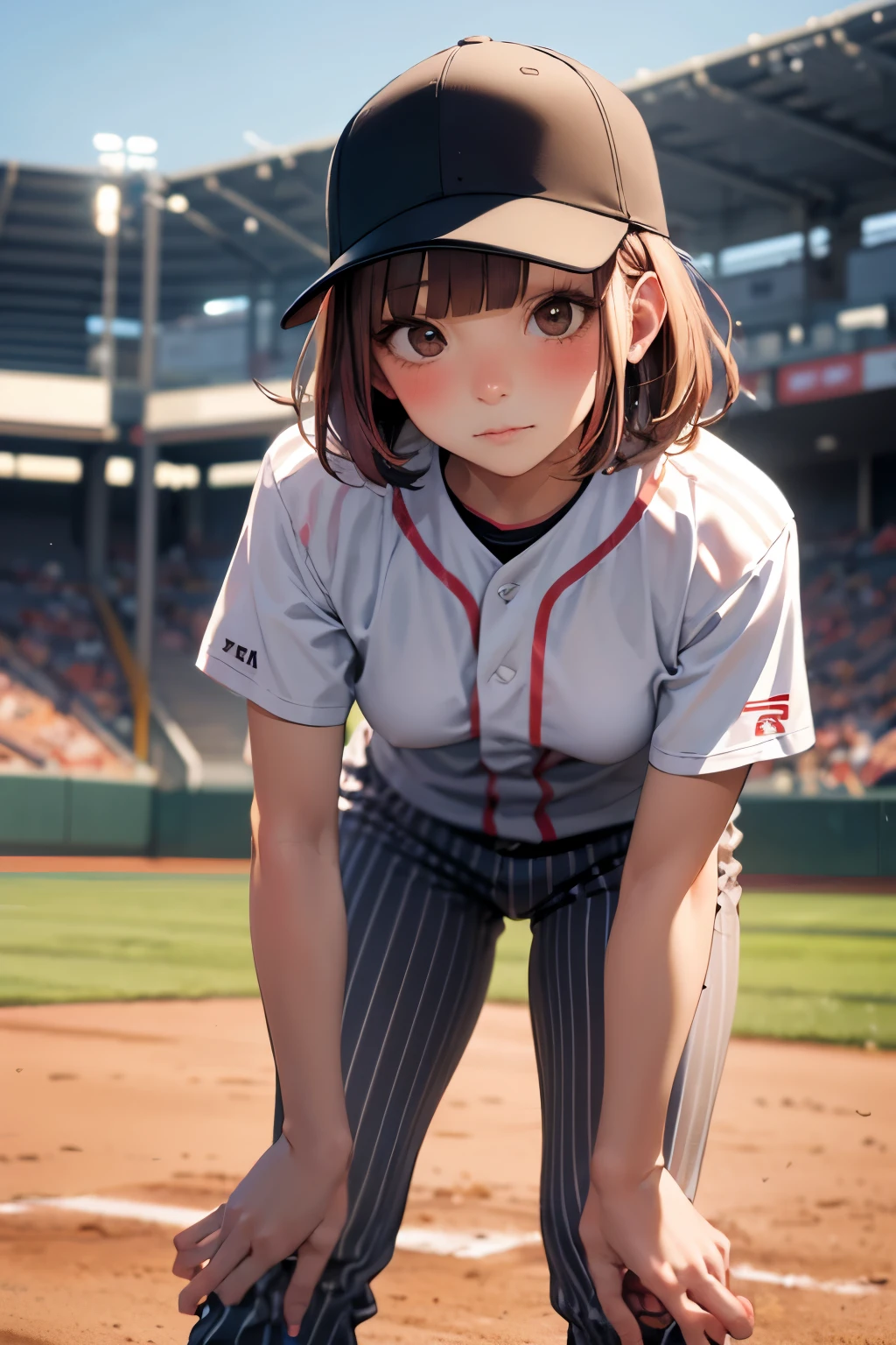 A female baseball player with a shy face looks at me, pink uniform with vertical stripes and pants with vertical stripes, uneven body line typical of women (leaning forward to look at me), baseball field, shy expression, black medium short hair, medium Breasts, masterpieces, blushing, embarrassing, curving,