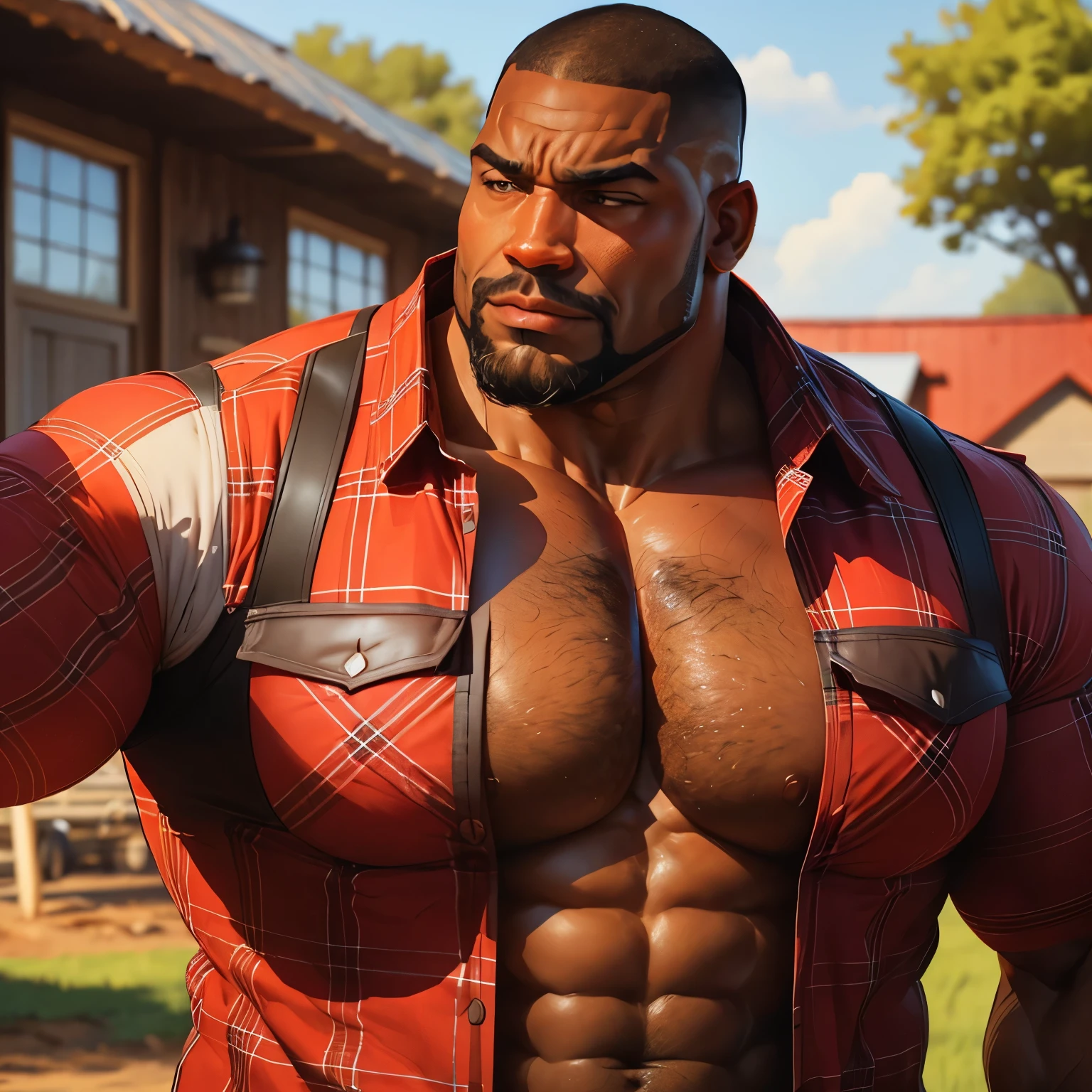 an exaggeratedly muscular and large bodyguard, beefy build, beard, dark-skinned african american male, buzzcut hair with square line, (wearing plaid shirt: 1.2), (bara pecs: 1.3), (arm and chest hair: 1.1), close-up portrait HD, (outside farm)