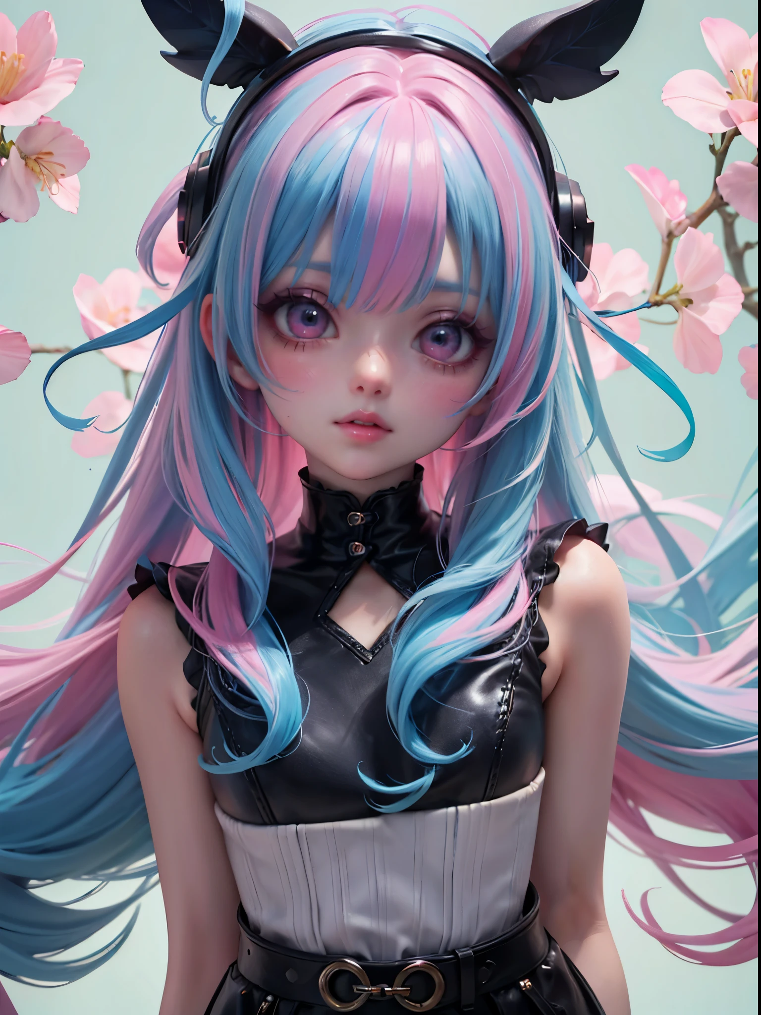 a close up of a person with blue and pink hair, pink and blue hair, she looks like a mix of grimes, blue and pink, looks like a mix of grimes, two color hair, dyed hair, pink and blue, pink and blue colour, pastel goth aesthetic, looks a blend of grimes, blue and pink colors, blue and pink highlights. LIME GREEN neon background of a forest selva