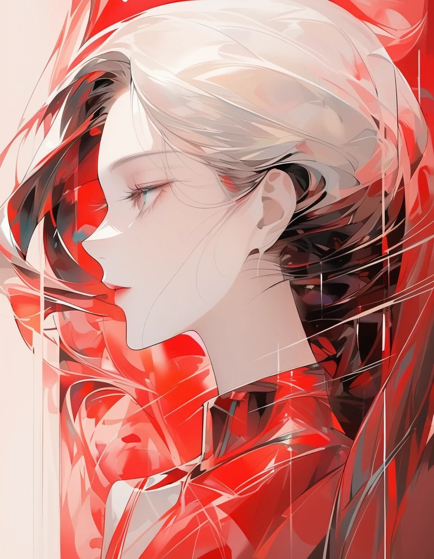 Illustrate an elegant stunning beautiful woman's face in profile using sleek white lines on a Red canvas ,Strong lines,Dreamy portrait