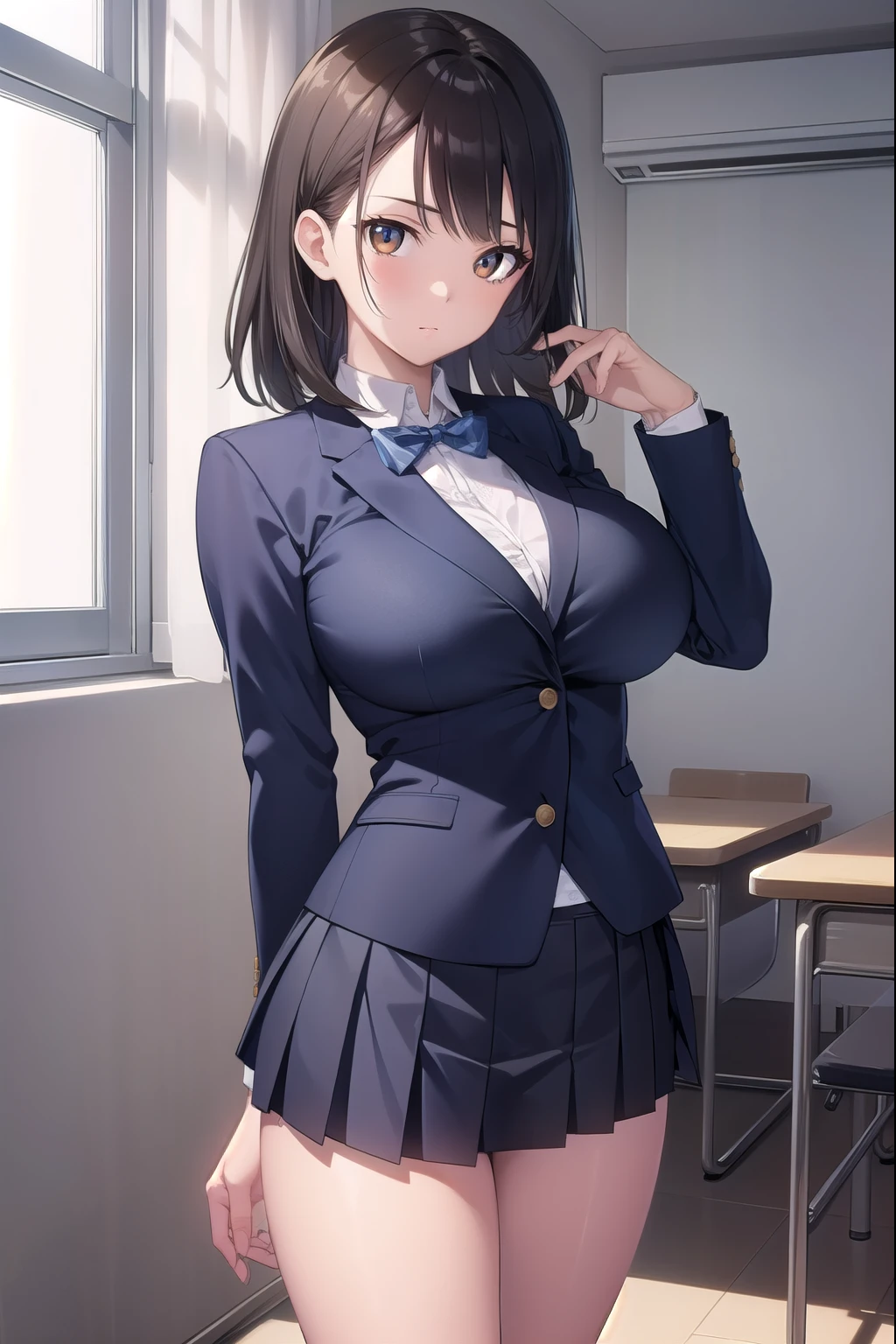 black hair, (brown eyes:1.5),  (shot hair:1.6), (turning around:1.6), 
BREAK blazer, blue skirt, jacket, otonokizaka , pleated skirt, , winter uniform, (short skirt:1.6), (micro skirt:1.6), (big breasts:1.6), (slender:1.4), (thong:1.6), 
BREAK looking at viewer,
BREAK indoors, classroom, 
BREAK (masterpiece:1.2), best quality, high resolution, unity 8k wallpaper, (illustration:0.8), (beautiful detailed eyes:1.6), extremely detailed face, perfect lighting, extremely detailed CG, (perfect hands, perfect anatomy),